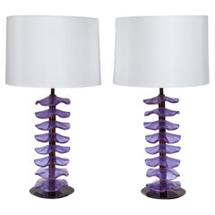 Pair Of Murano Glass Iridescent Lavender Petal Lamps, Contemporary