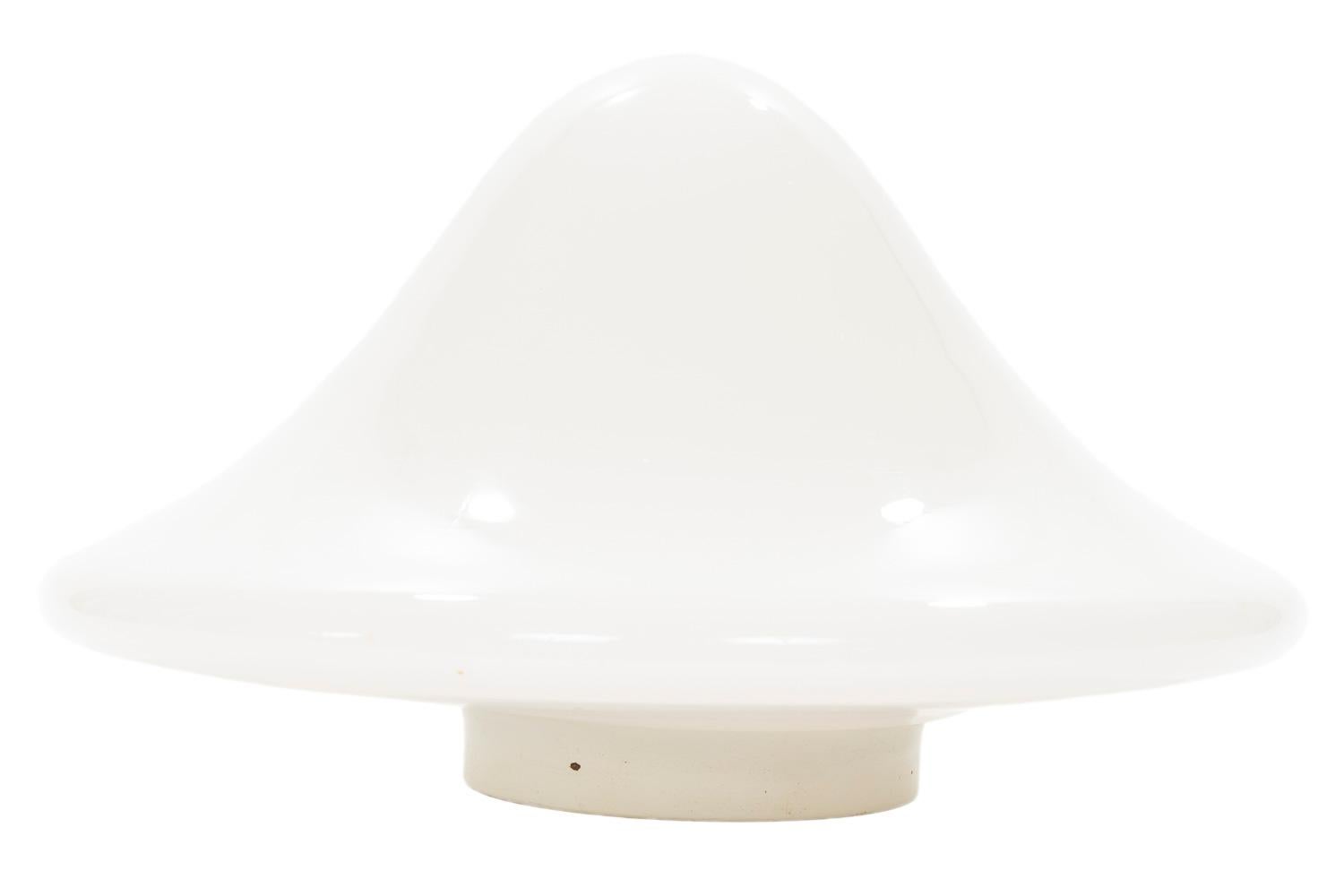 A pair of beautifully stylish vintage mushroom shaped Murano glass lamps in opaque white with a painted white metal supporting base housing a single socket. The lamps have their original labels Vetri Murano and De Majo Murano Venezia attached to the