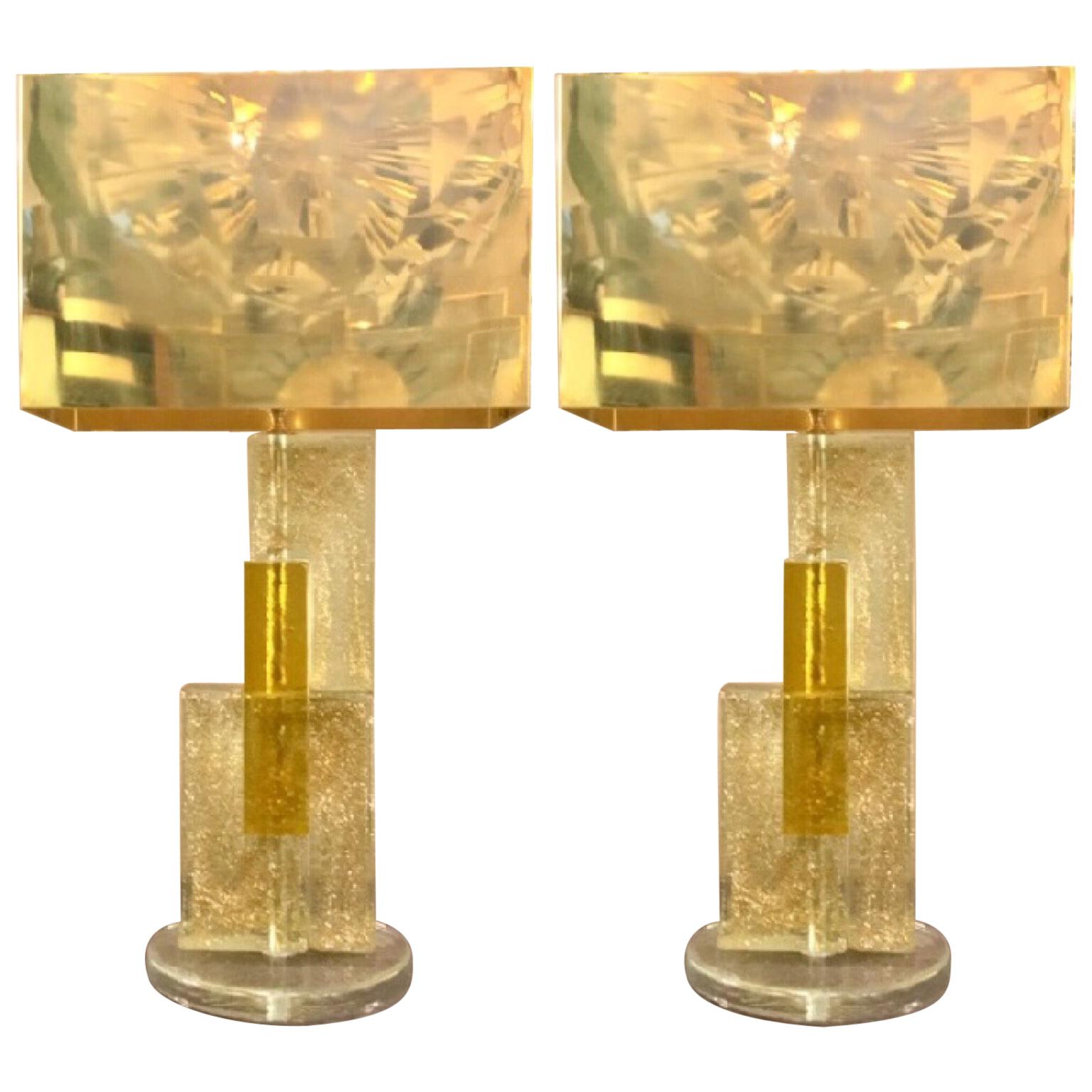 Pair of Murano Glass Lamps Clear Glass Infused with Gold Flecks, 1970s