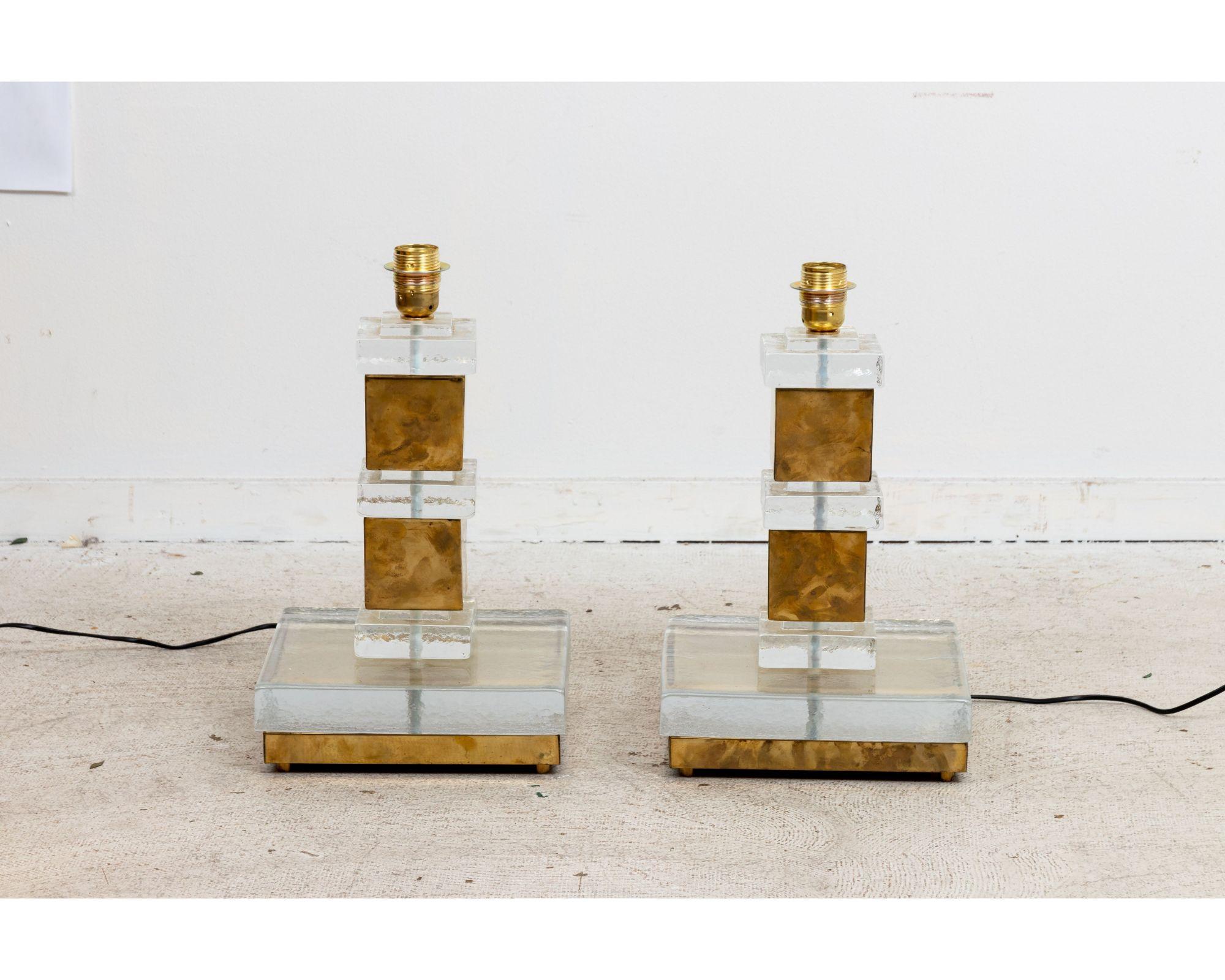 Circa early 21st century pair of Murano glass and brass table lamps with square gold shade and stacked cube base. Made in Italy. Please note of wear consistent with age.