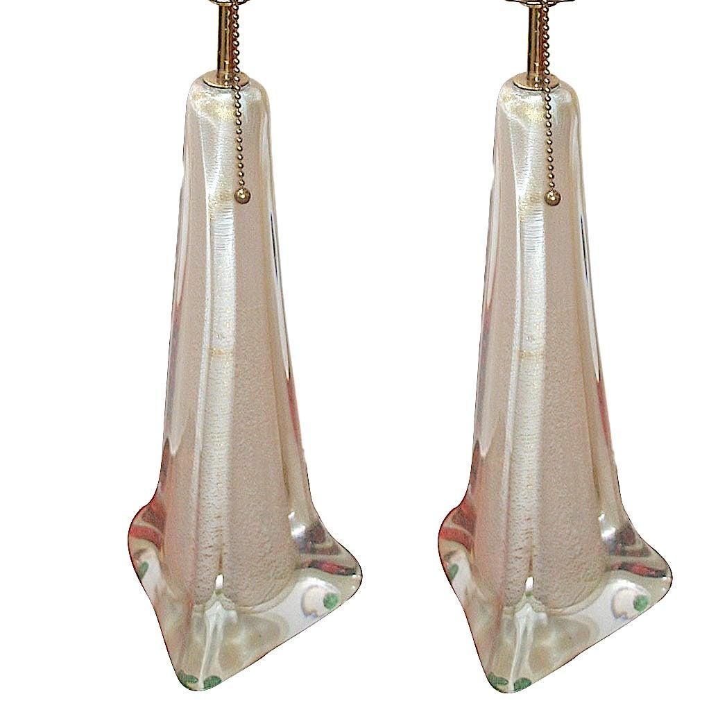 Pair of 1930s Murano glass table lamps, creamy white color with gold dust.

Measures: 13.5″ height of body.