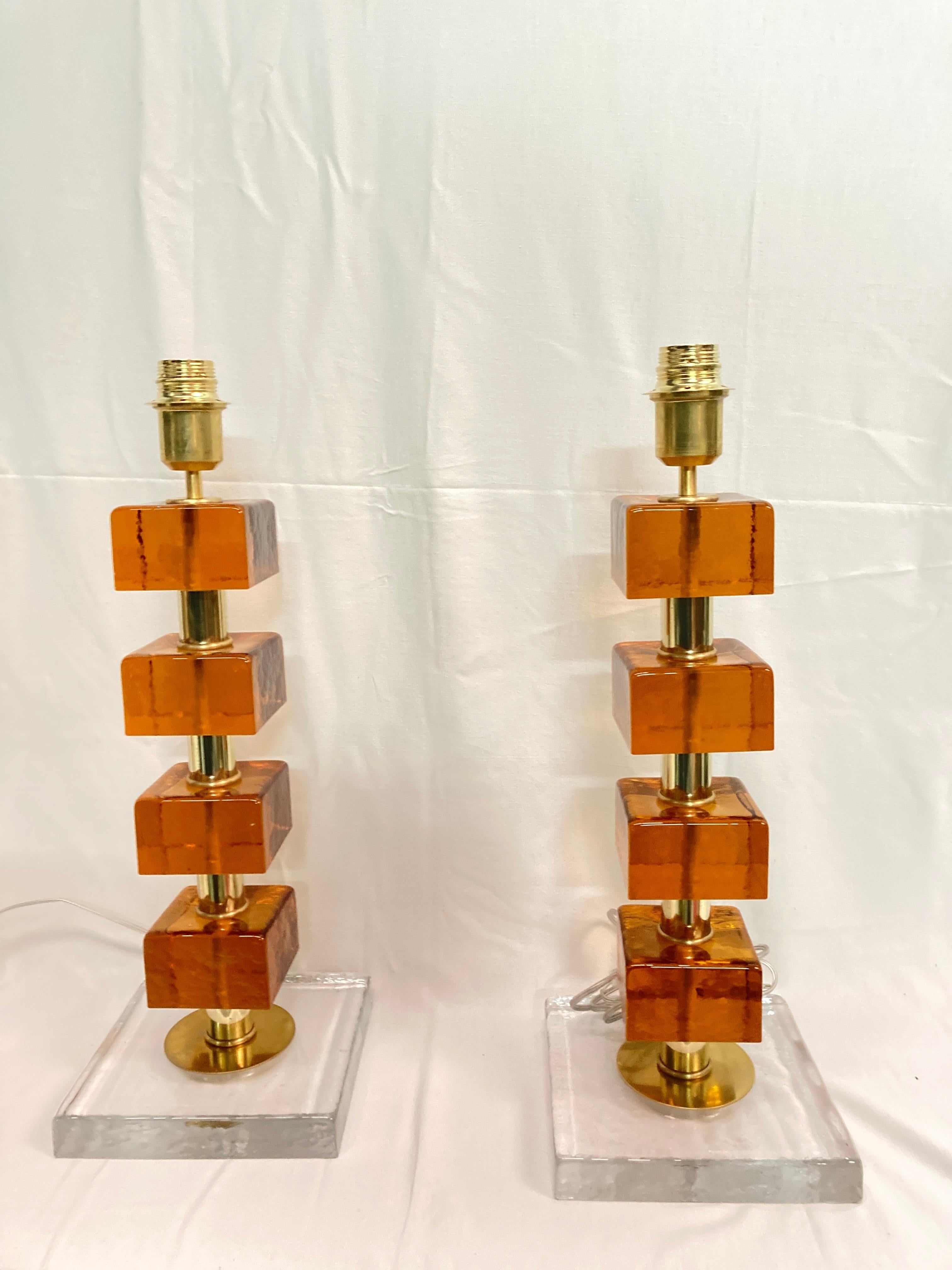 1980's Murano glass lamps in the style of Archimède Seguso
nice amber color 
Dimensions given without shade
No shade included