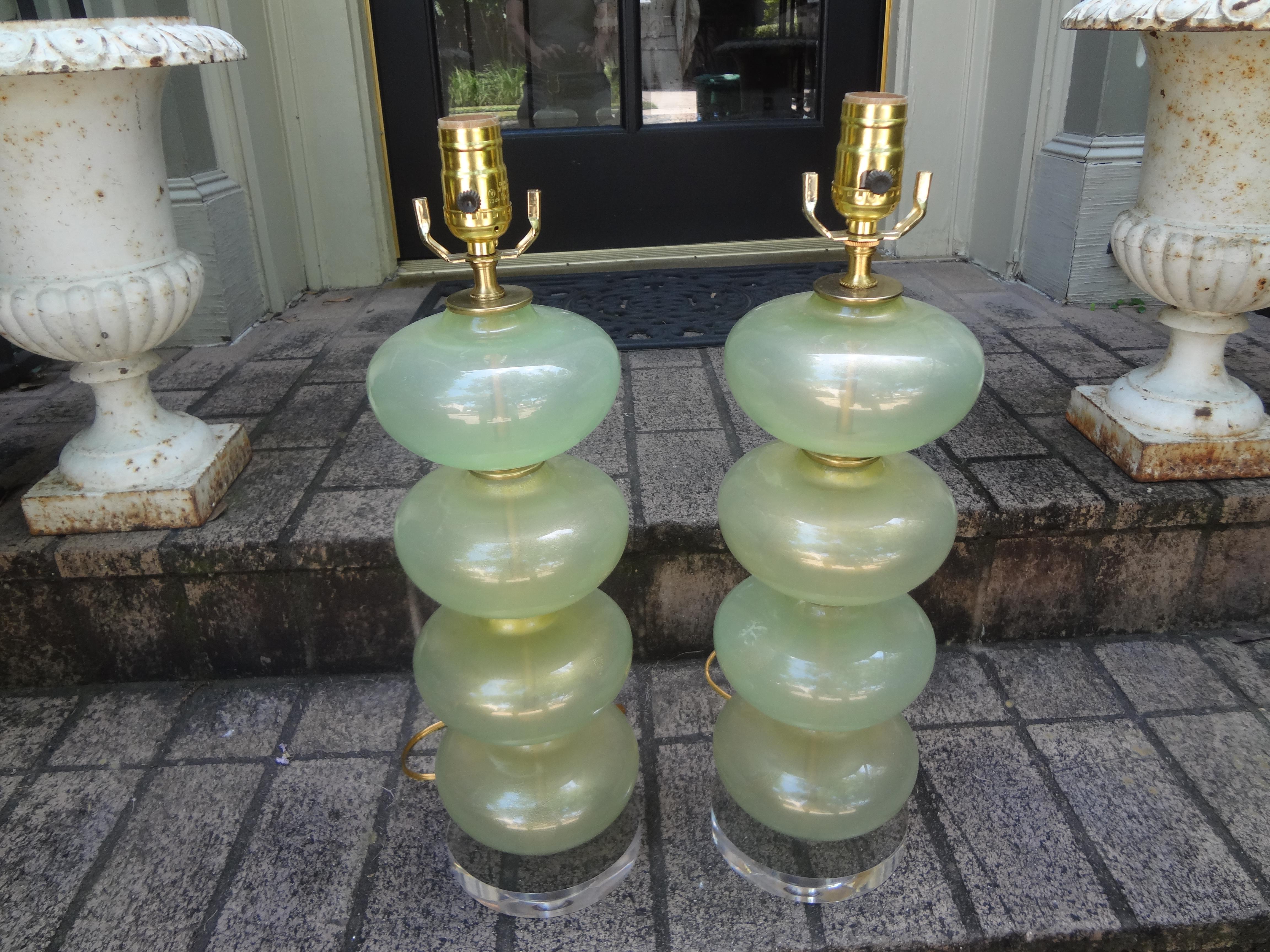 Pair of Murano Glass Lamps in Celadon Green with Gold Inclusions 3