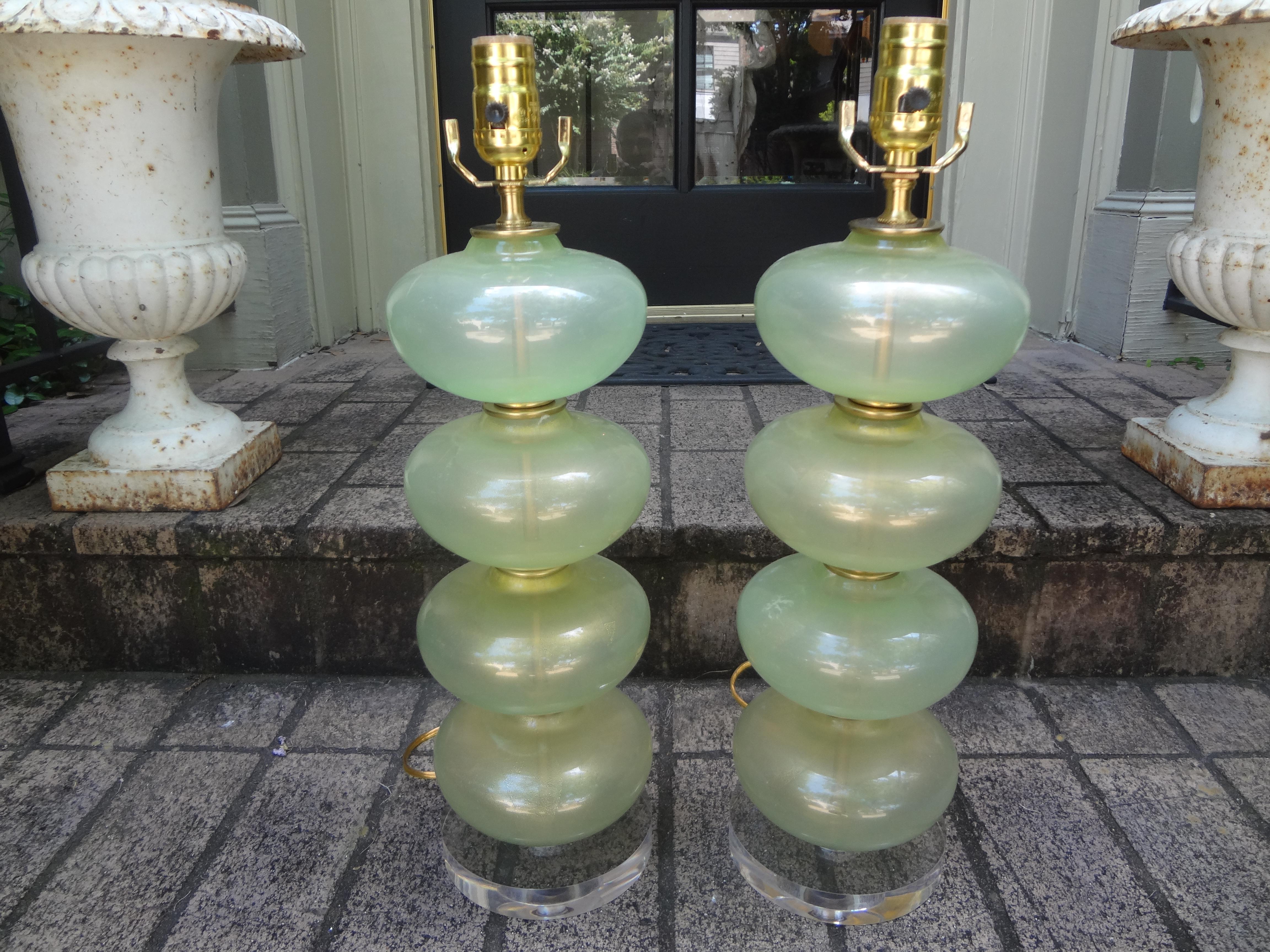 Mid-Century Modern Pair of Murano Glass Lamps in Celadon Green with Gold Inclusions