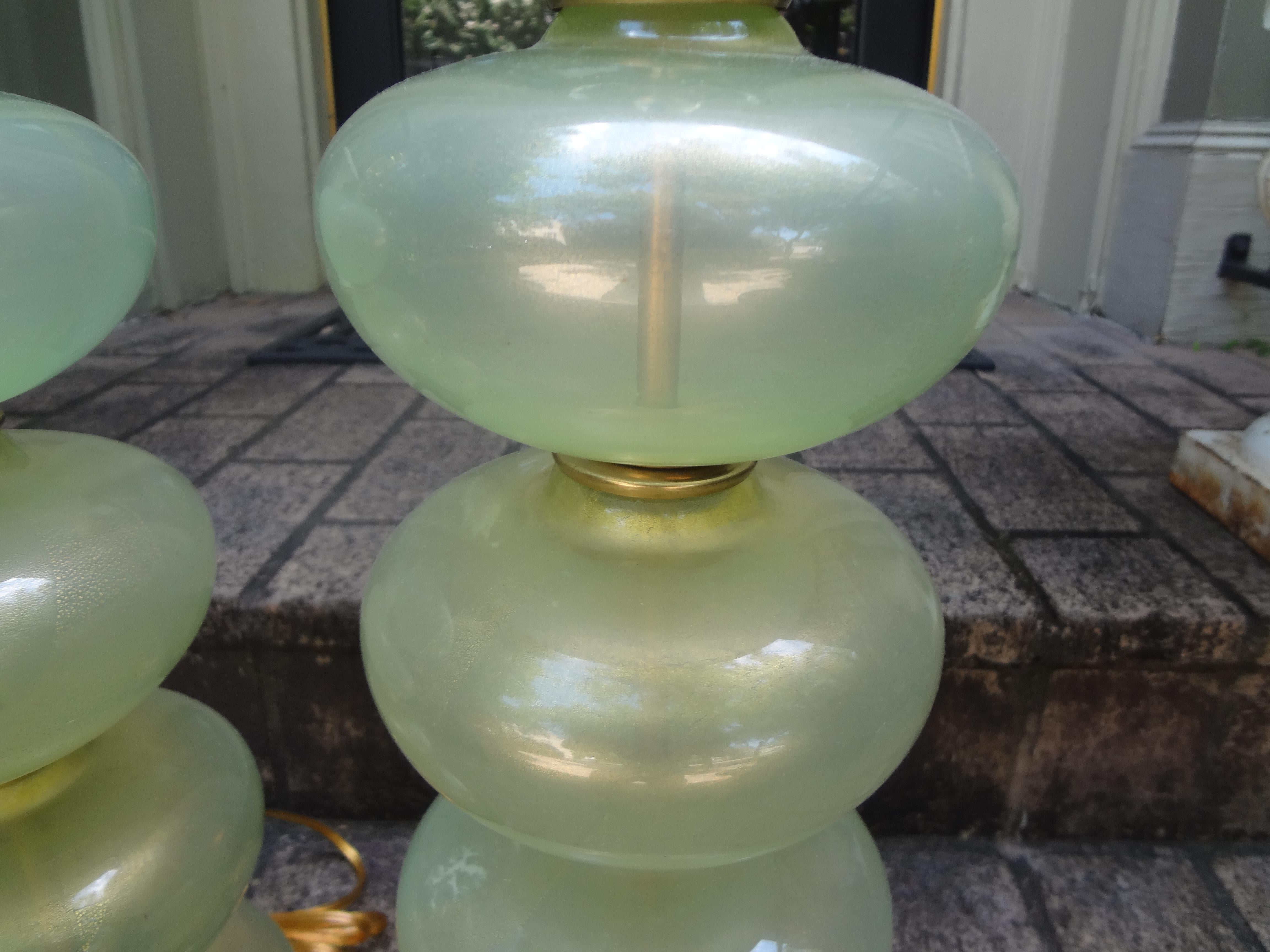 Italian Pair of Murano Glass Lamps in Celadon Green with Gold Inclusions