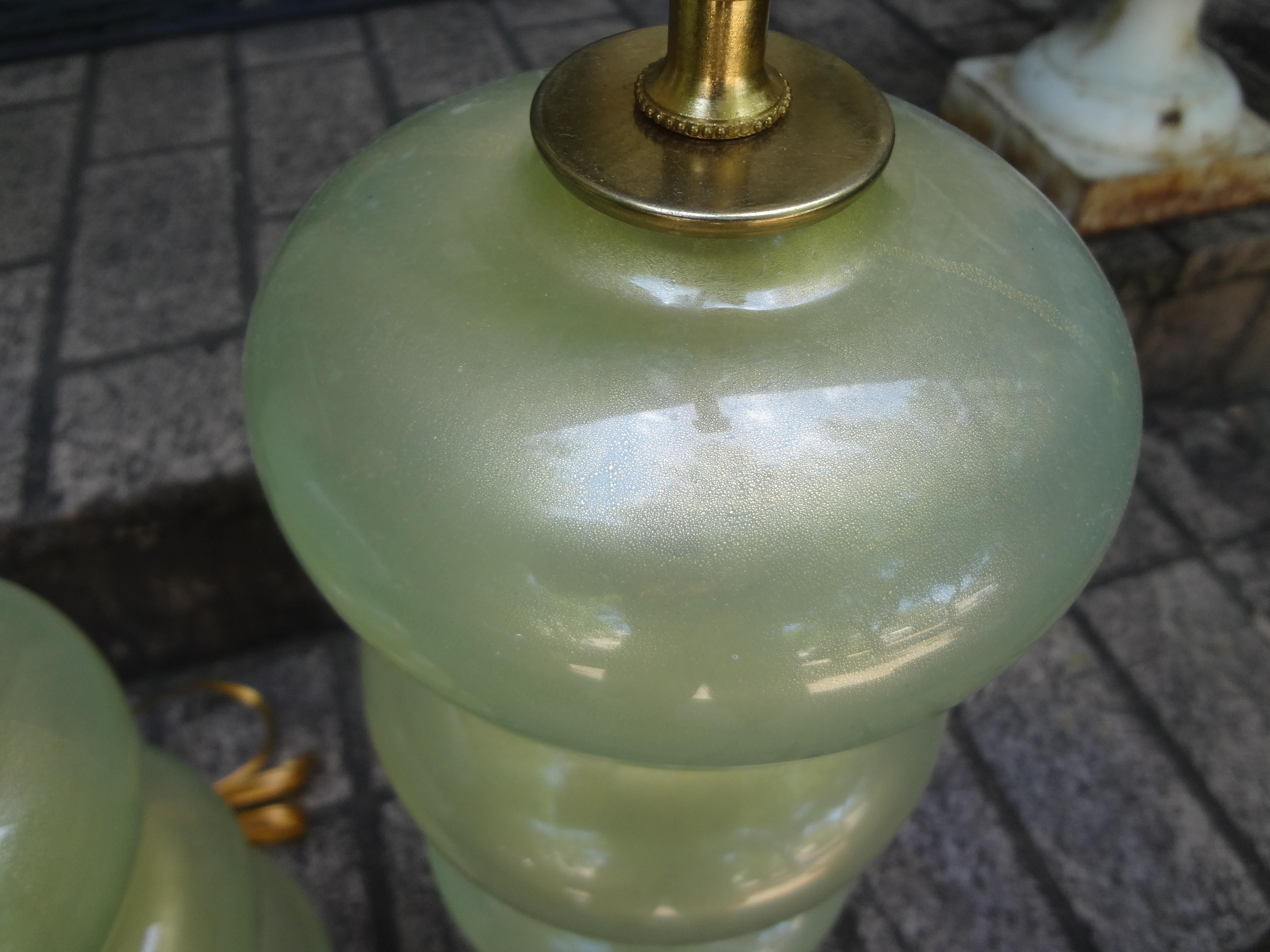 Pair of Murano Glass Lamps in Celadon Green with Gold Inclusions In Good Condition In Houston, TX
