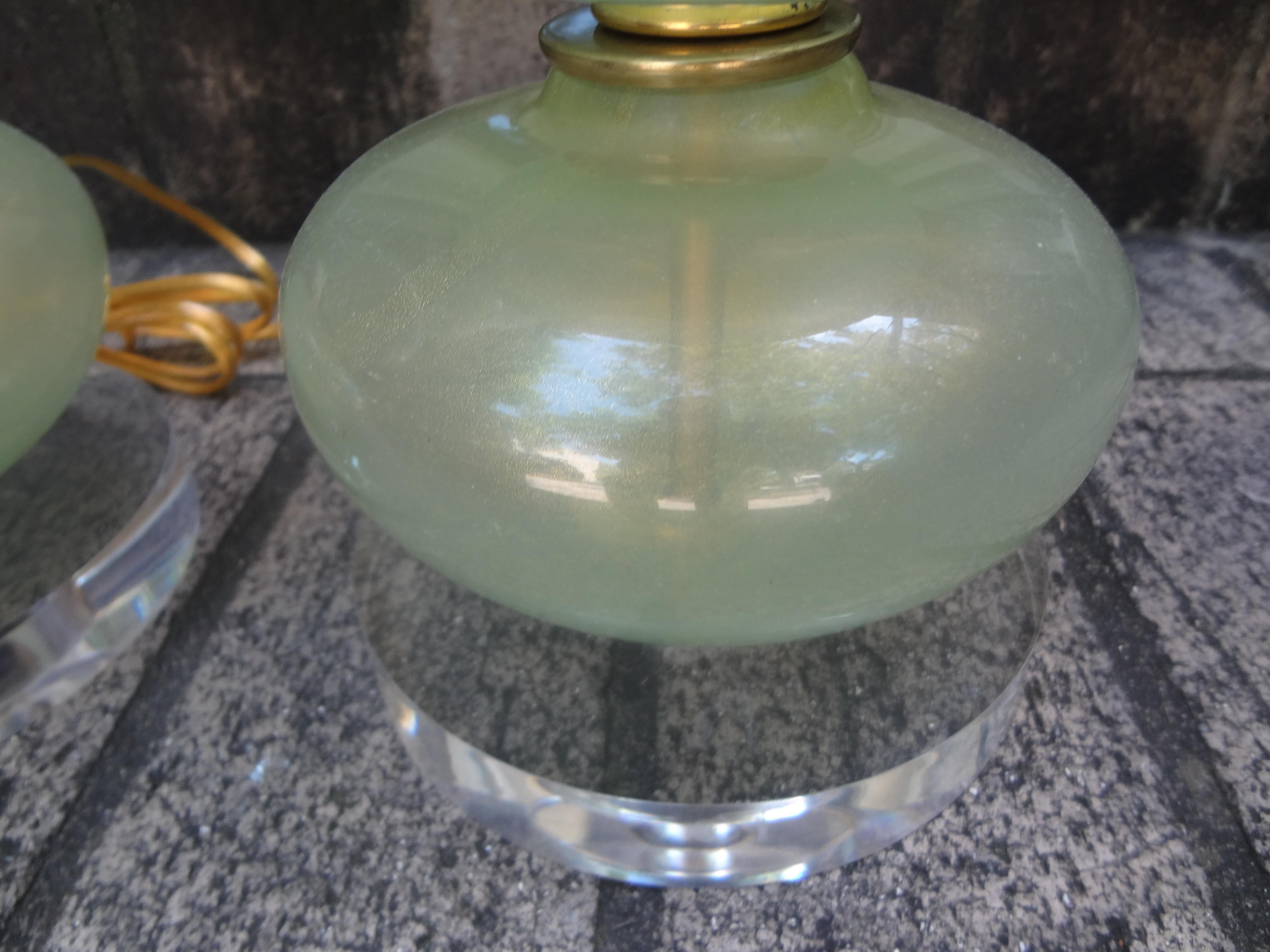 Mid-20th Century Pair of Murano Glass Lamps in Celadon Green with Gold Inclusions