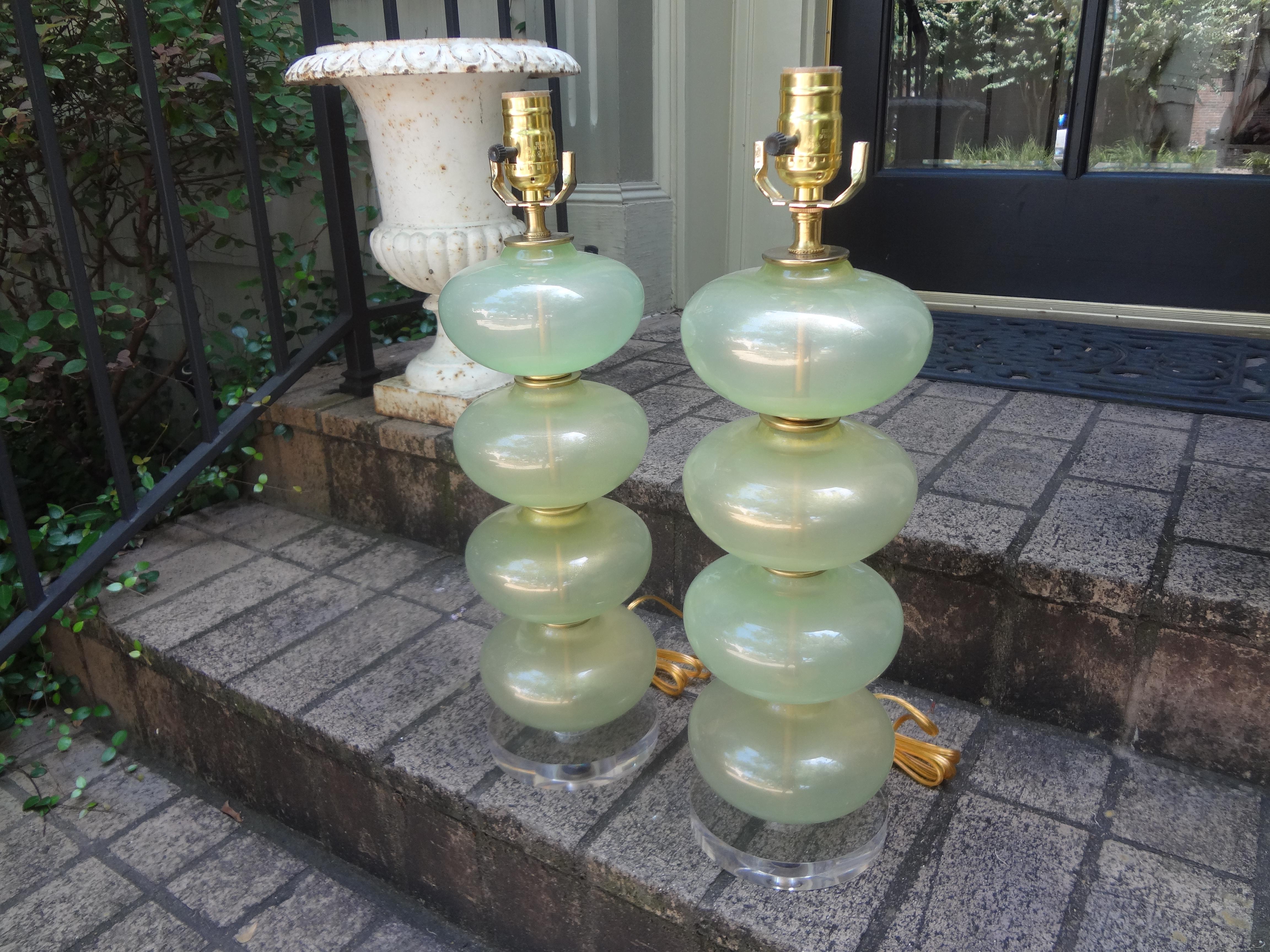 Blown Glass Pair of Murano Glass Lamps in Celadon Green with Gold Inclusions