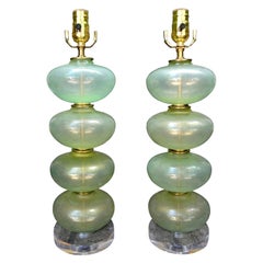 Pair of Murano Glass Lamps in Celadon Green with Gold Inclusions