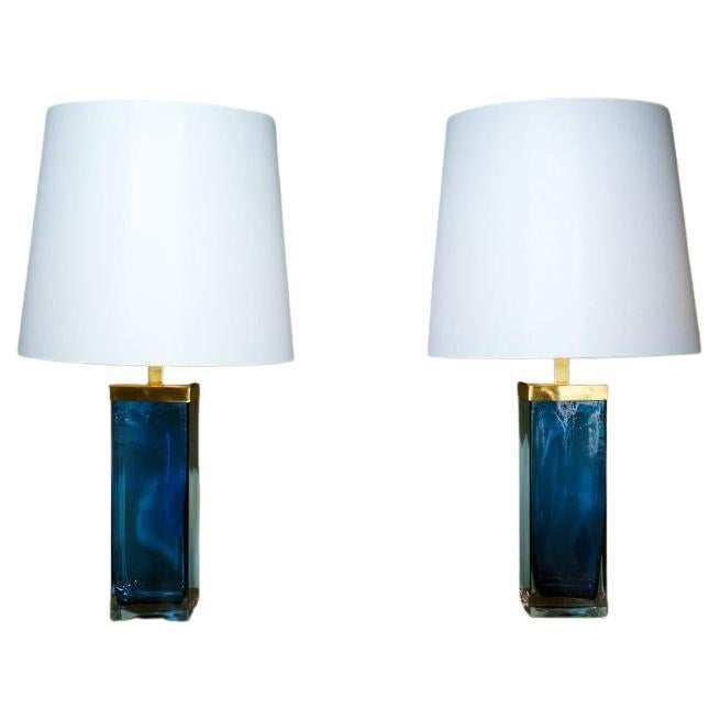 Pair of Murano Glass Lamps in Glass and Brass Mount For Sale