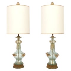Paire de lampes en verre de Murano bleu clair et or circa 1950 Câblées