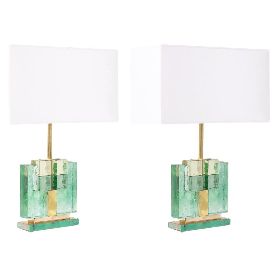 Pair of Murano glass lamps, iridescent green. 20th-21st century.