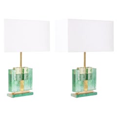 Pair of Murano glass lamps, iridescent green. 20th-21st century.
