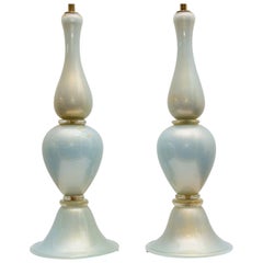 Pair of Murano Glass Lamps Pearlescent Light Blue with Gold Flakes