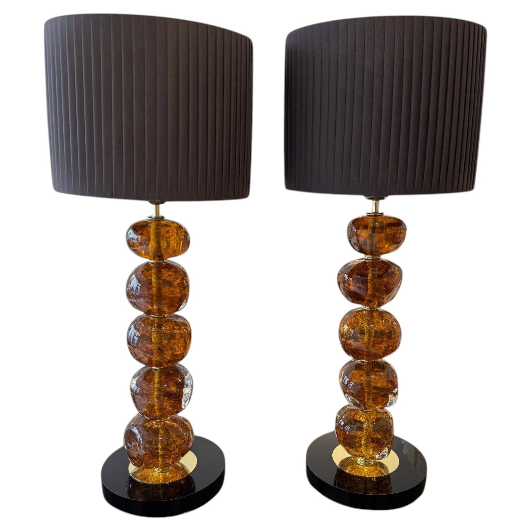 Pair of Murano Glass Lamps with Amber Bubble Design, 21th Century