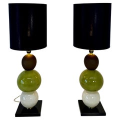 Pair of Murano Glass Lamps with Brown, Green and Pearl White Spheres