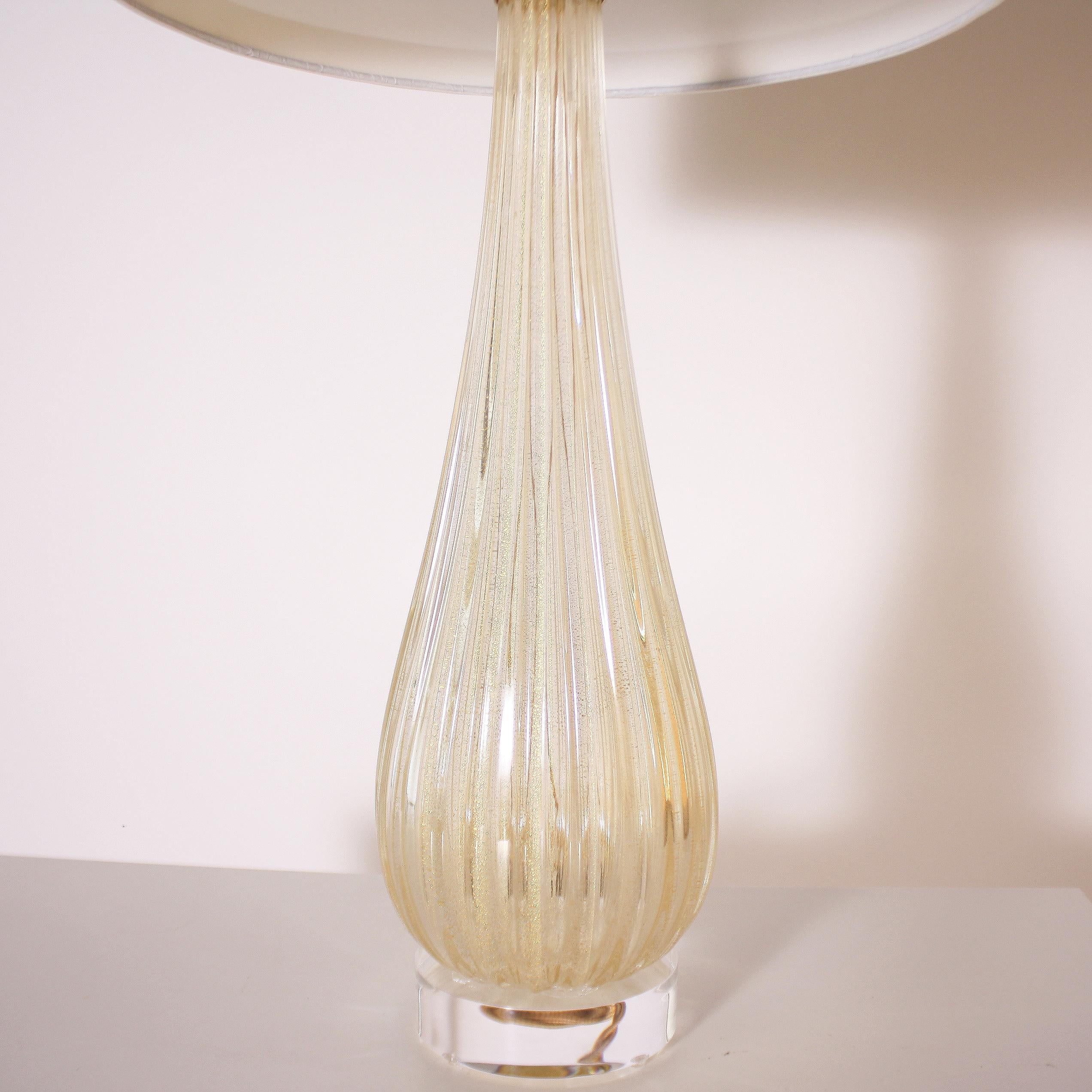 French Pair of Murano Glass Lamps with Gold Flecks, circa 1970