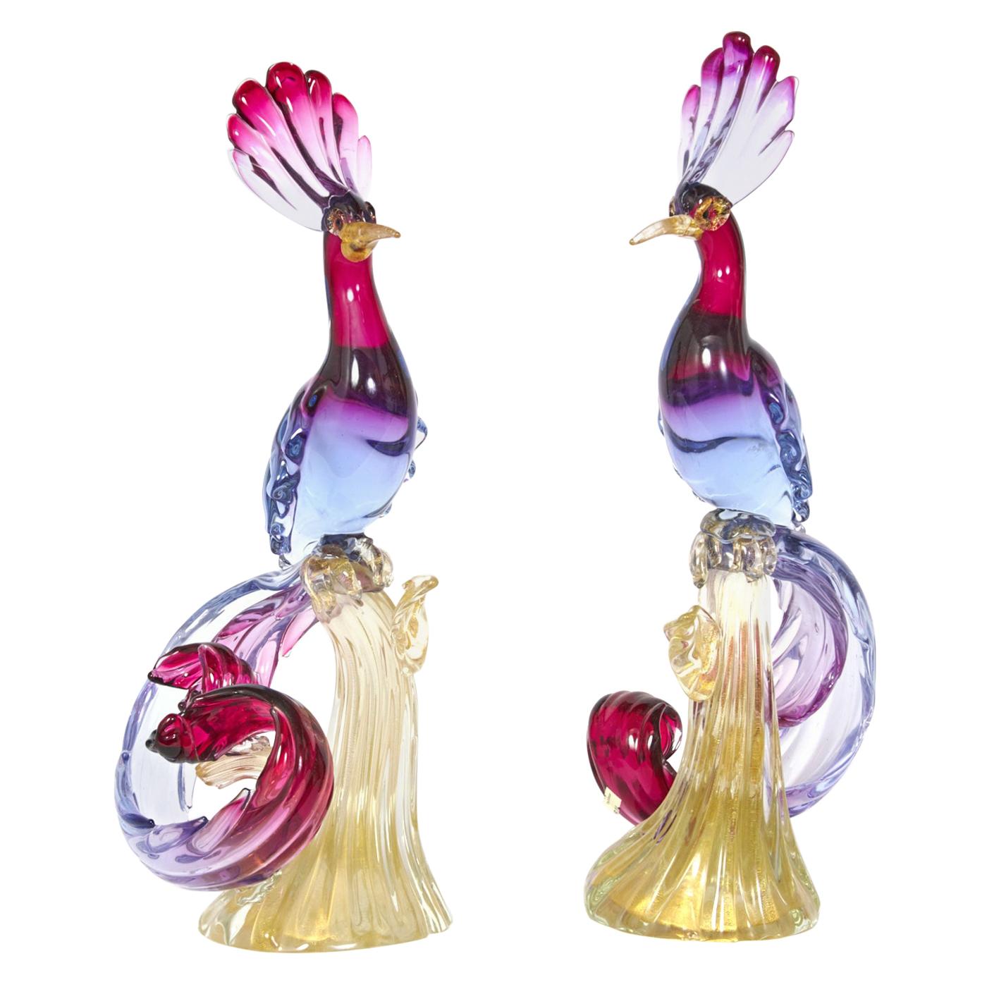 Pair of Murano Glass Large 'Birds of Paradise'