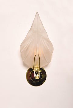 Pair of Hand Cast Murano Glass 'Leaf' Sconces with Frosted Finish Brass Plating