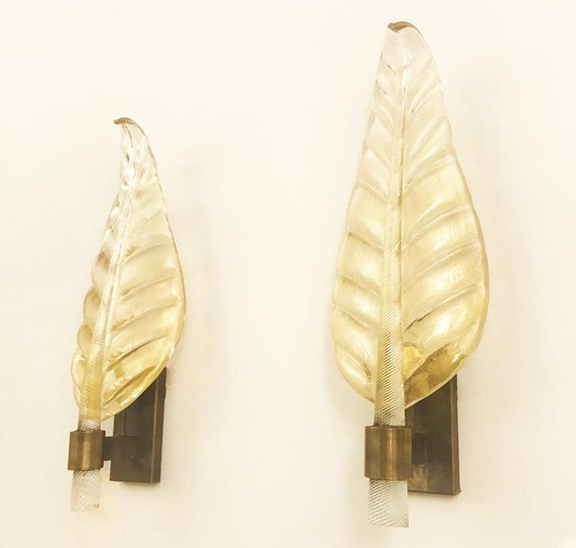 Italian Pair of Murano Glass Leaf Wall Lights, Art Deco style, in Stock For Sale