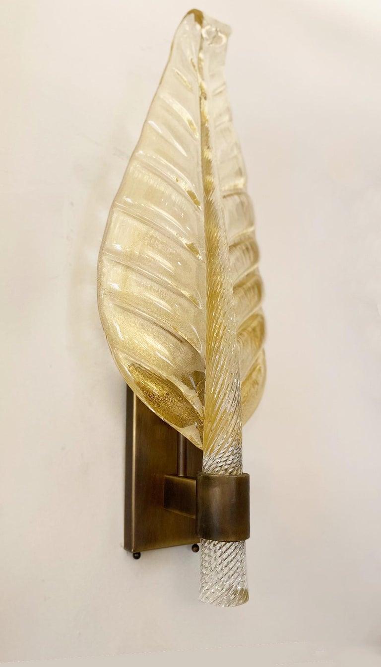Contemporary Pair of Murano Glass Leaf Wall Lights, Art Deco style, in Stock For Sale