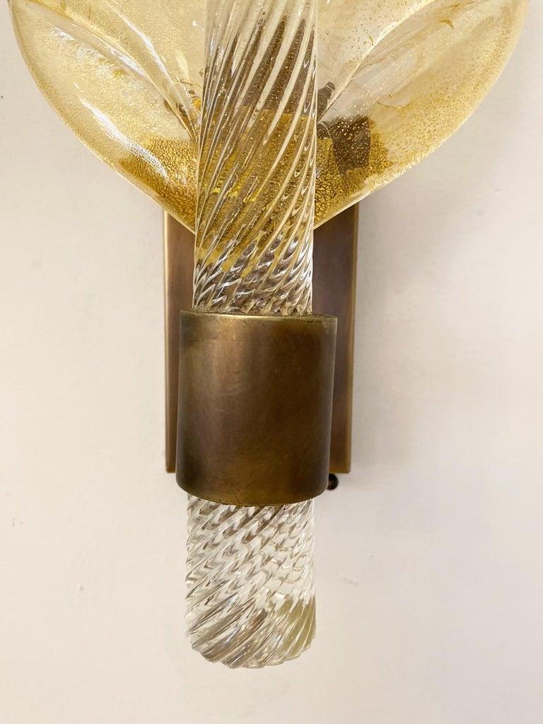 Bronze Pair of Murano Glass Leaf Wall Lights, Art Deco style, in Stock For Sale