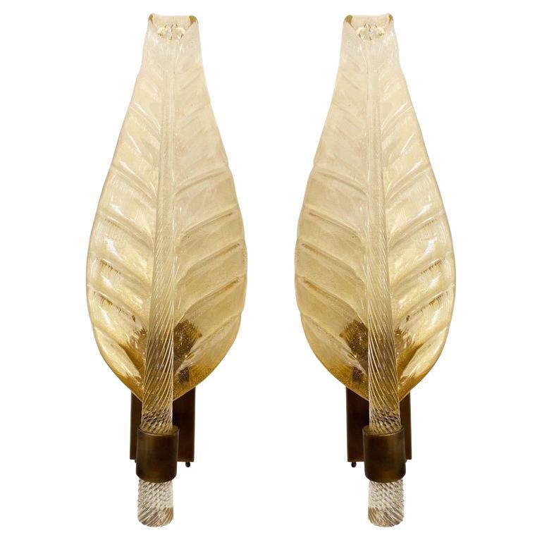 Pair of Murano Glass Leaf Wall Lights, in Stock