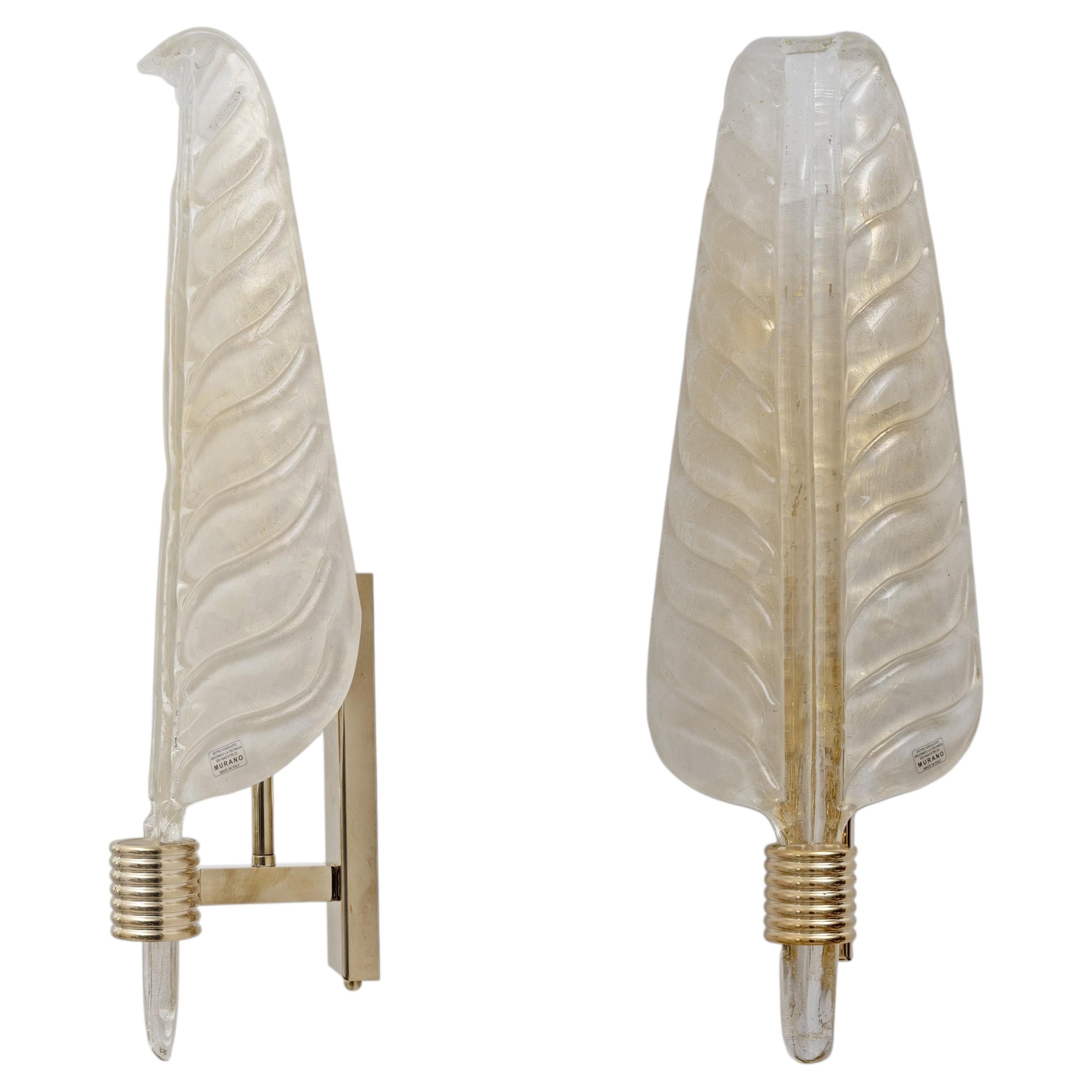 Pair of Murano Glass Leaf Wall Sconces with Gold Powder and Brass, Italy For Sale
