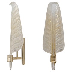 Pair of Murano Glass Leaf Wall Sconces with Gold Powder and Brass, Italy