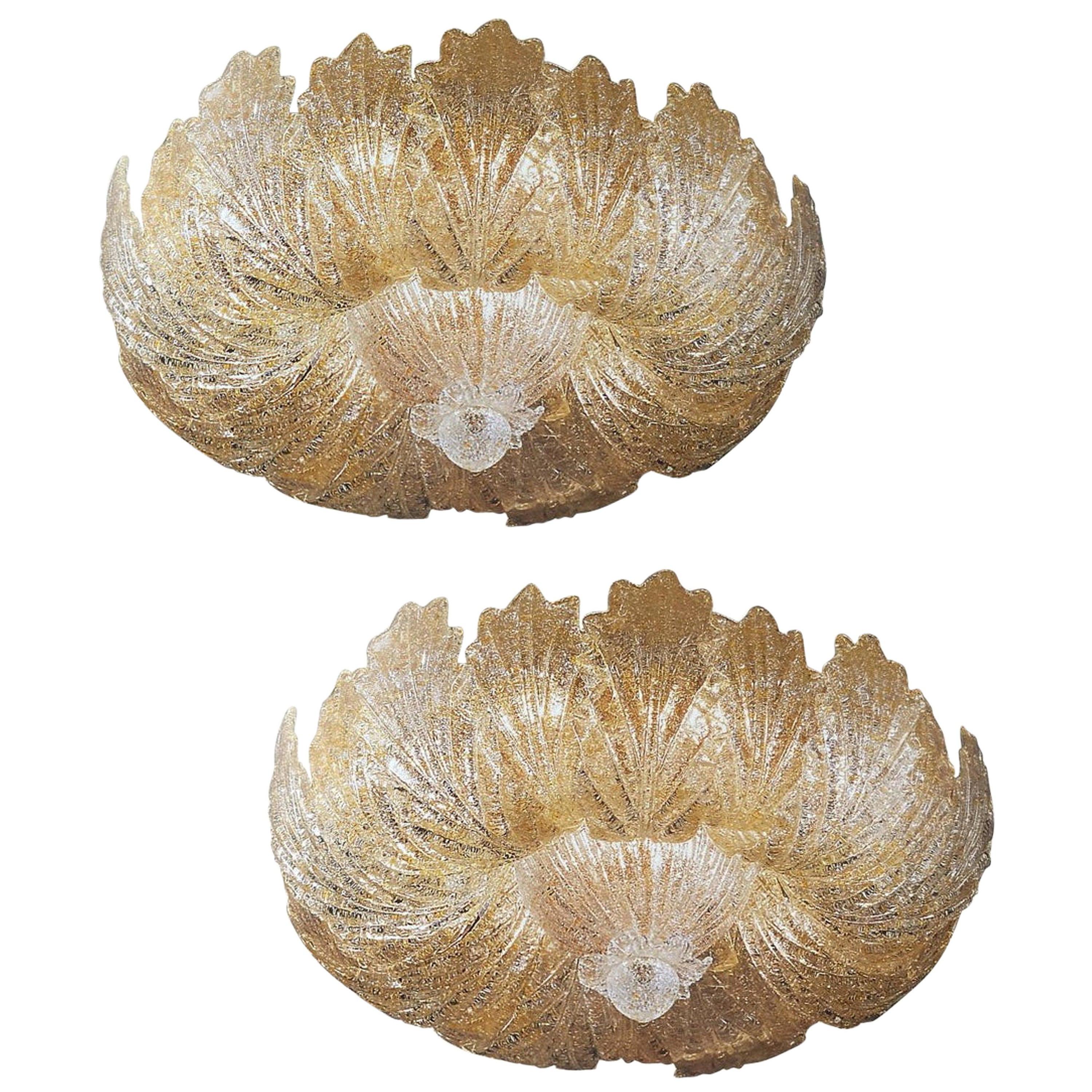 Pair of Murano Glass Leave Flush Mount or Ceiling Lights For Sale