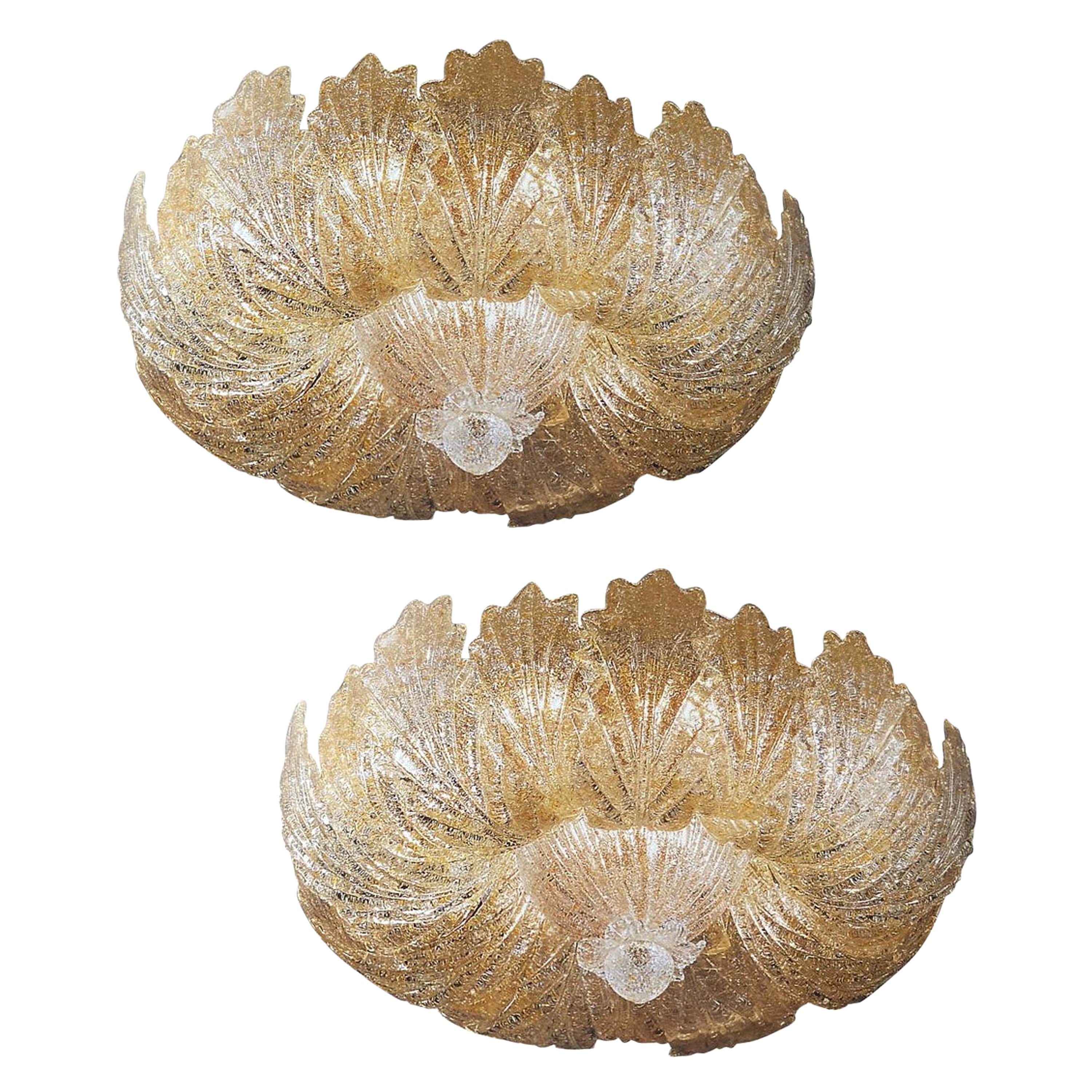 Pair of Murano Glass Leave Flush Mount or Ceiling Lights For Sale
