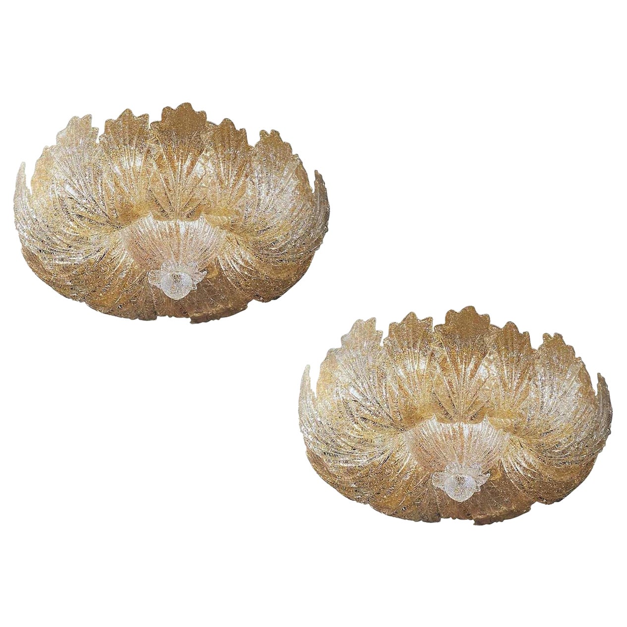 Pair of Murano Glass Leave Flush Mount or Ceiling Lights