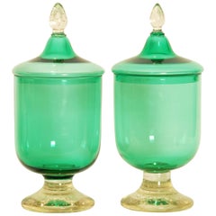 Antique Pair of Murano Glass Lidded Urns or Vases