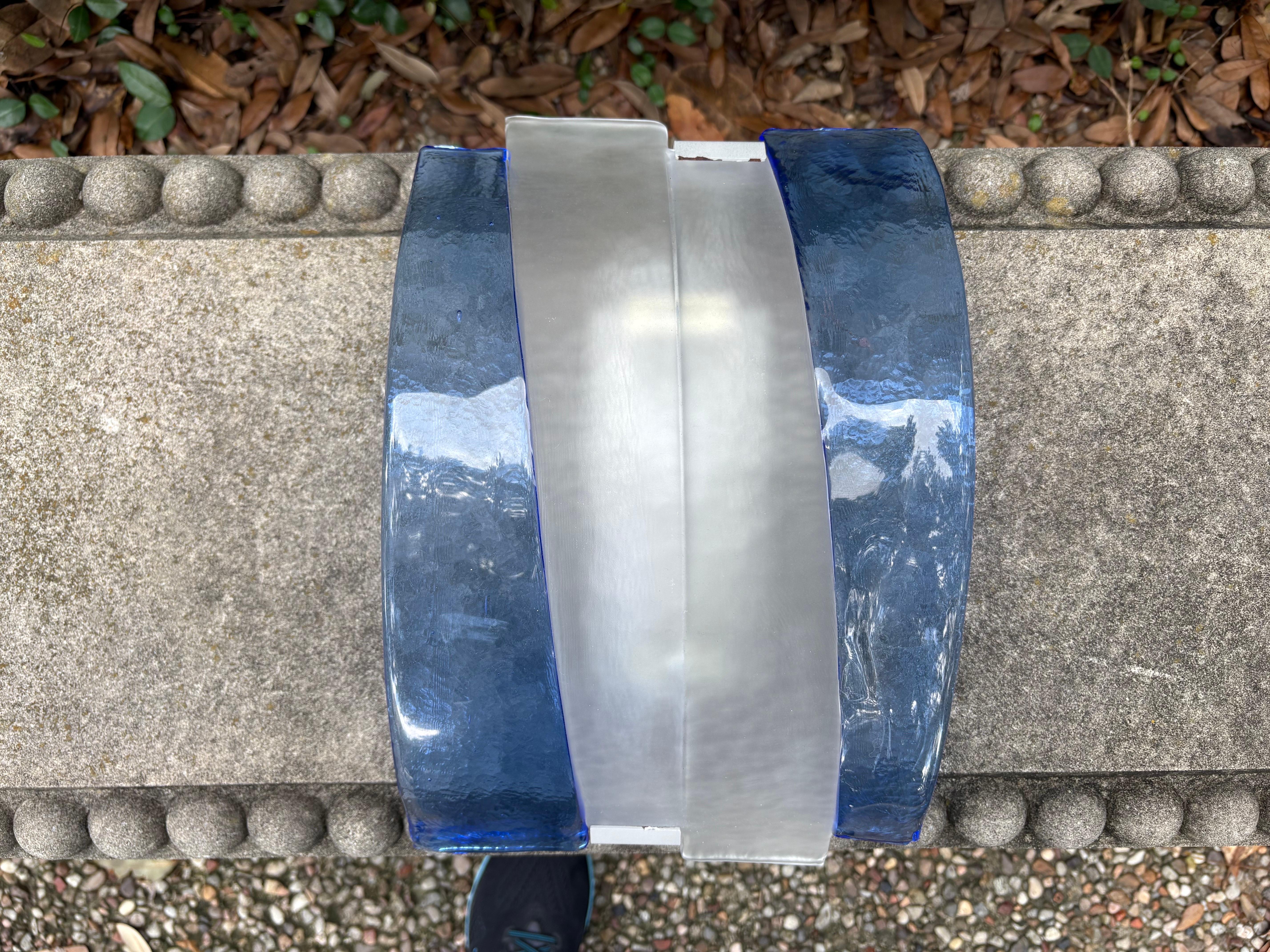 Pair Of Murano Glass Modernist Sconces.
Offered is a stunning large pair of geometric Modernist sconces in blue and frosted glass. These Murano blown glass sconces are Postmodern or Modernist in style and have been newly wired. These Fontana Arte