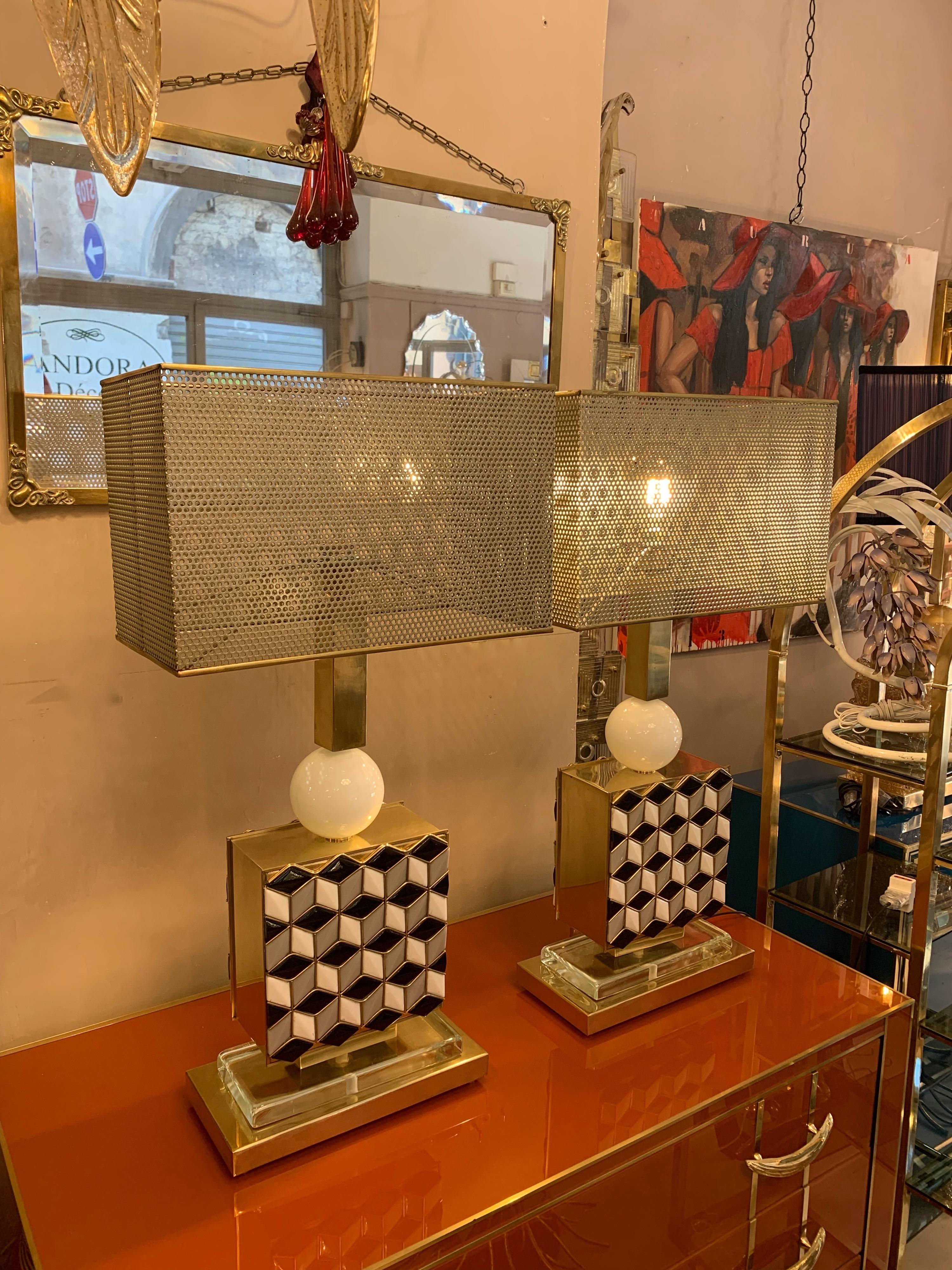 Modern Pair of Murano Glass Mosaic Table Lamps with Metal Perforated Lampshades, 1970s