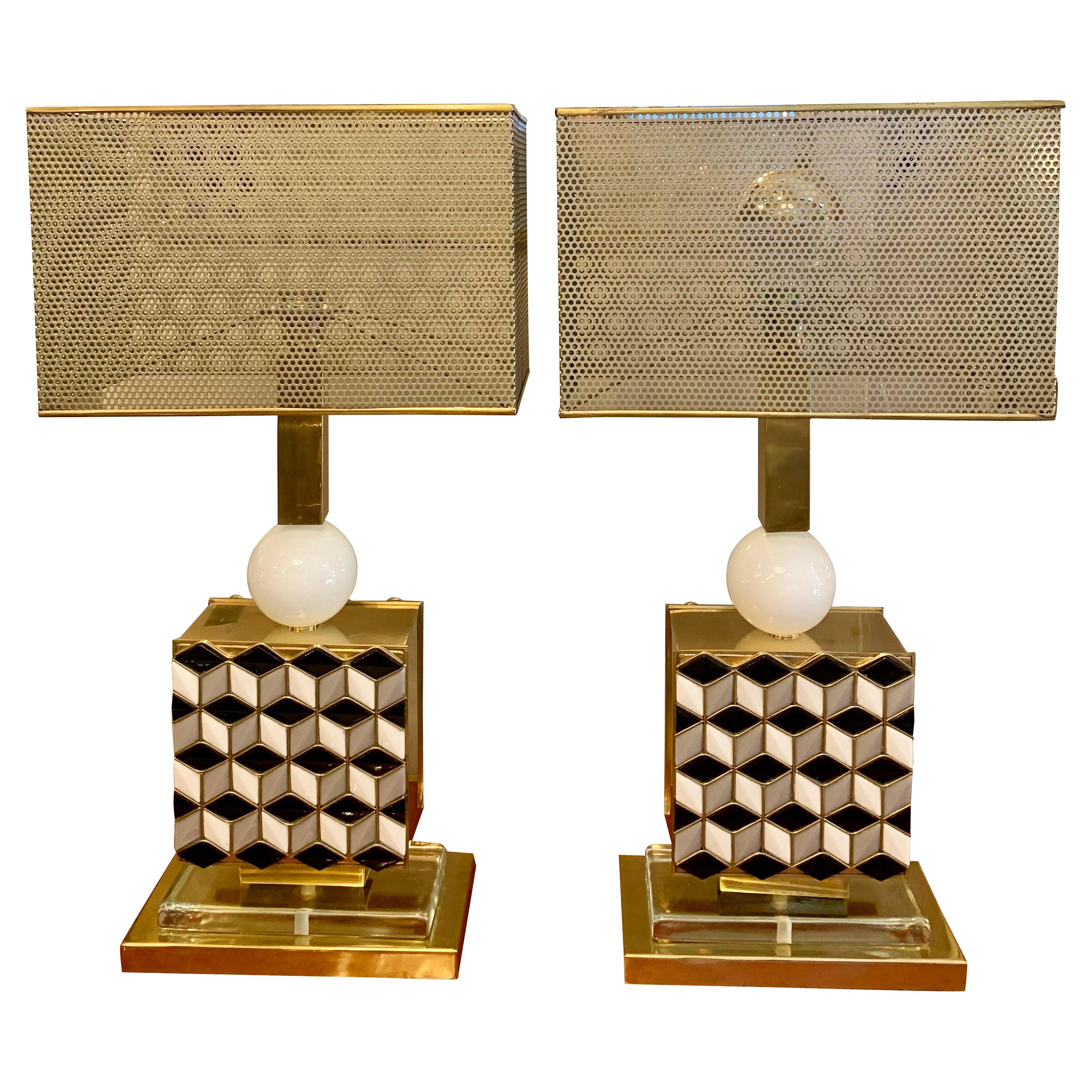 Pair of Murano Glass Mosaic Table Lamps with Metal Perforated Lampshades, 1970s