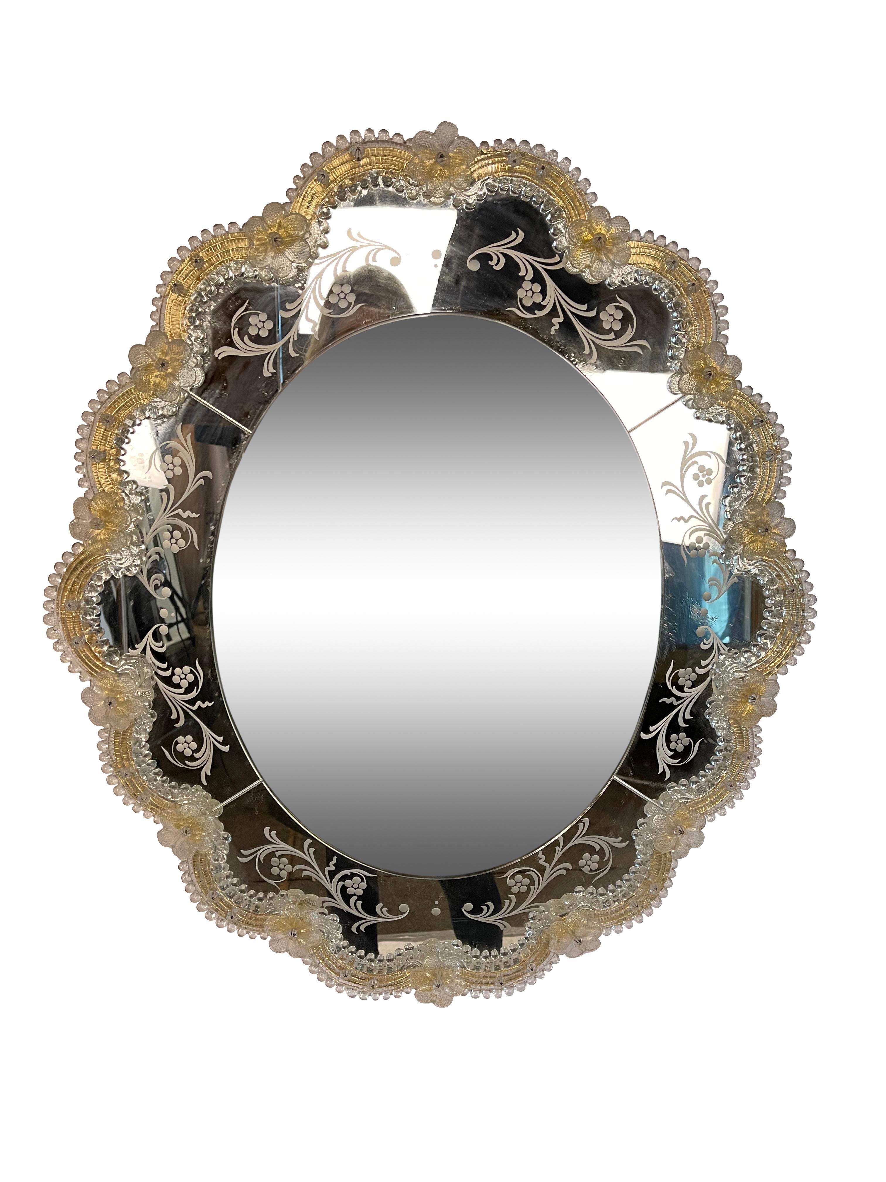 Italian Pair of Murano Glass Oval Mirrors with Gold Glass Accents
