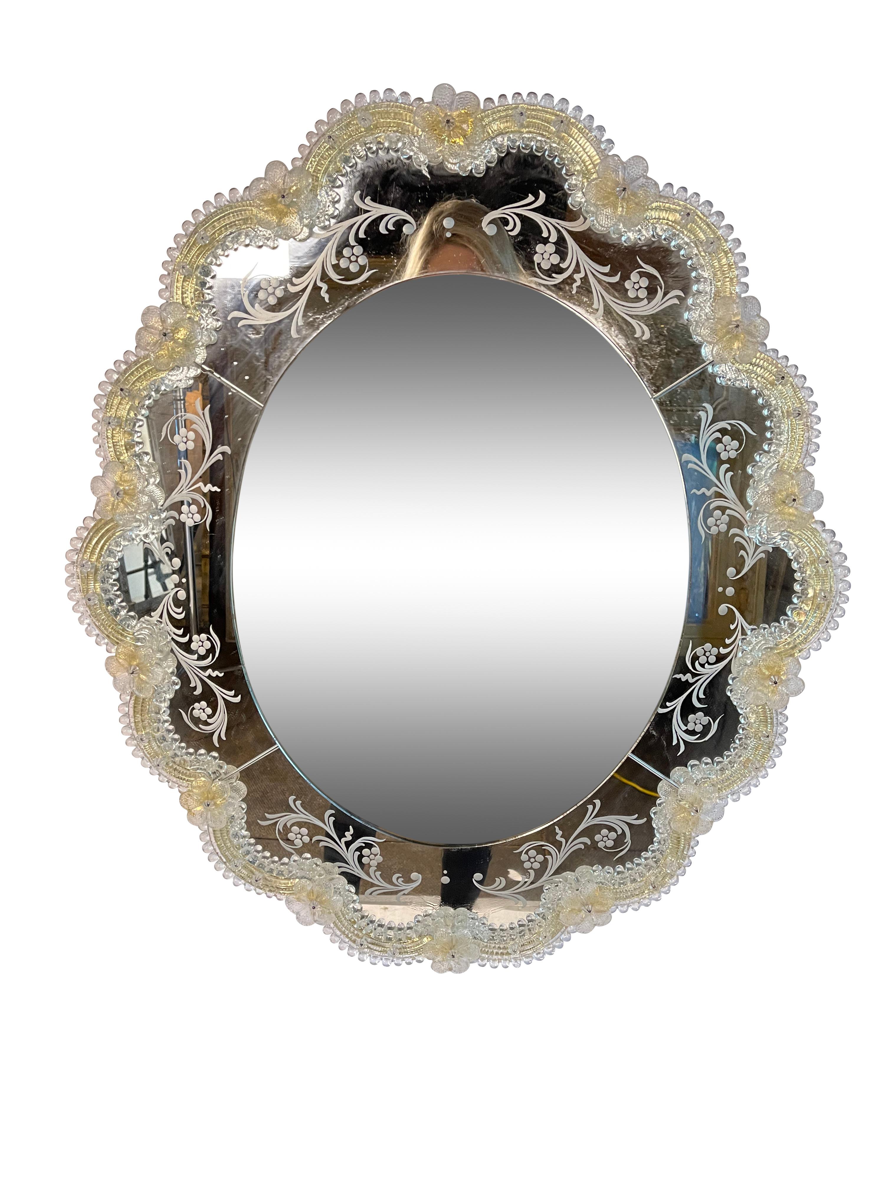 Etched Pair of Murano Glass Oval Mirrors with Gold Glass Accents