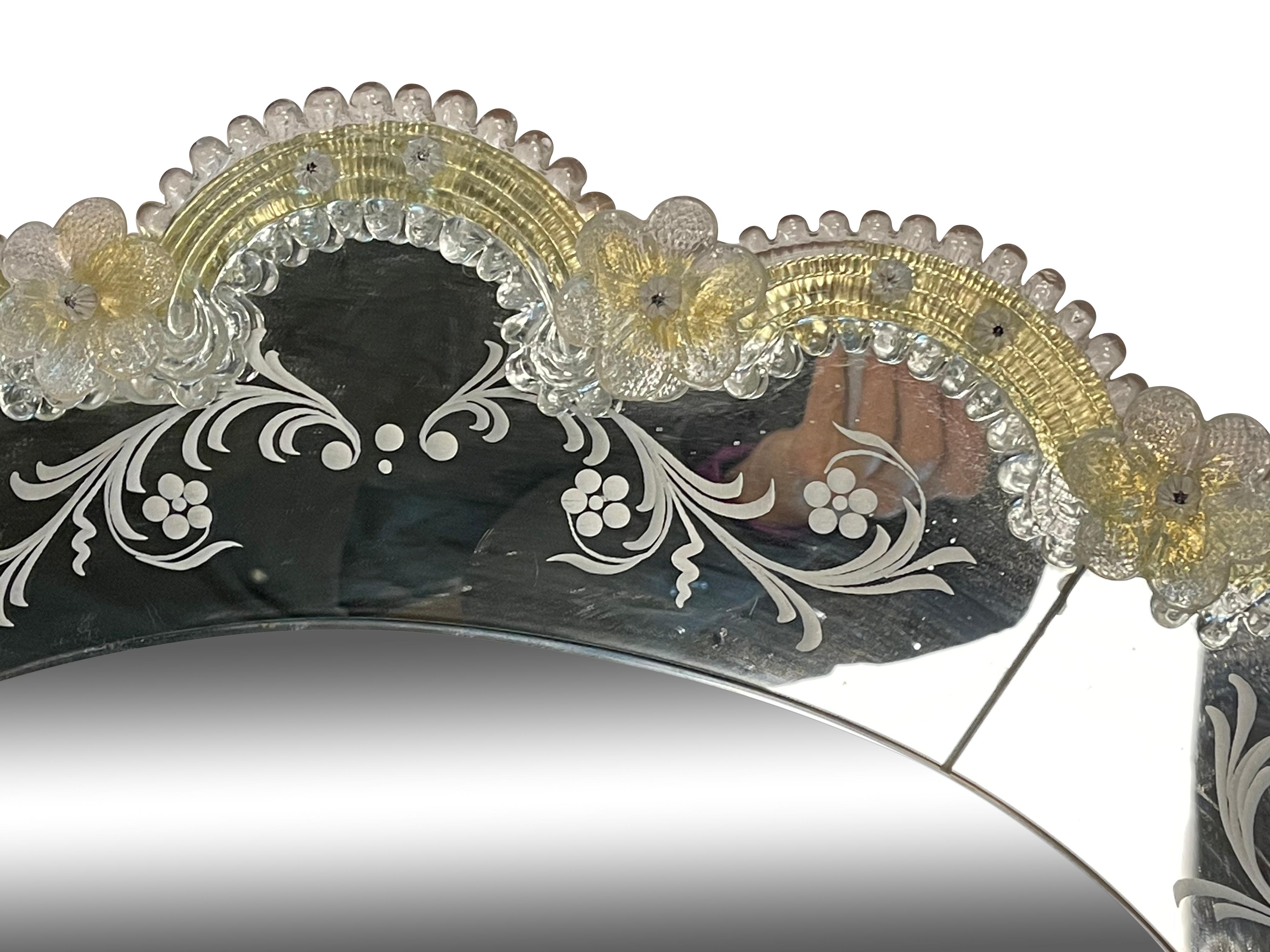 Pair of Murano Glass Oval Mirrors with Gold Glass Accents In Good Condition In Essex, MA