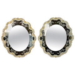 Pair of Murano Glass Oval Mirrors with Gold Glass Accents