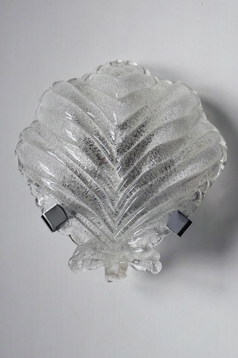 Mid-Century Modern Pair of Murano Glass Palm Leaves Shell Wall Lights Sconces, Italy, 1960s For Sale
