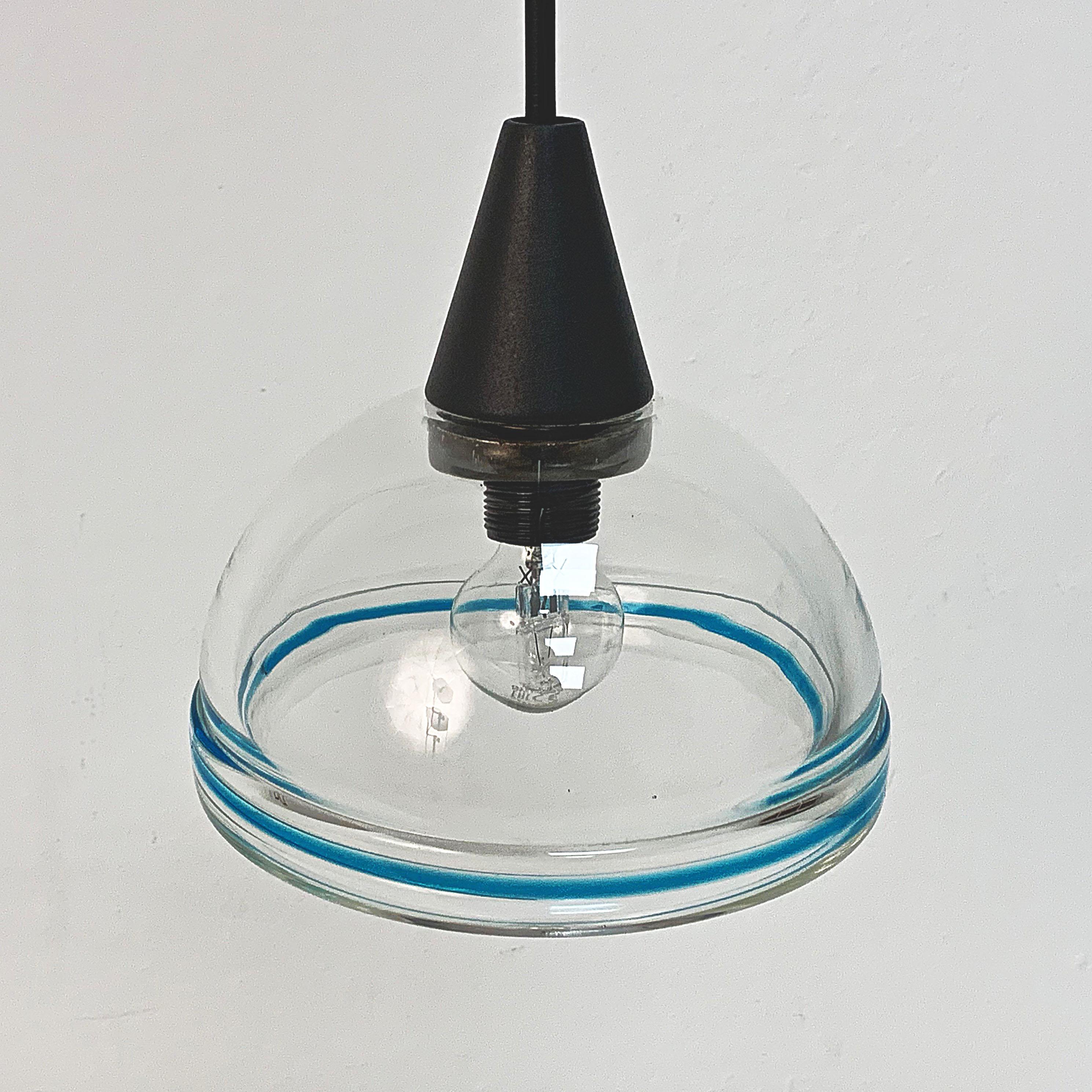 Modern Pair of Murano Glass Pendants, Italian Lighting, Blue Border, Italy, 1970s