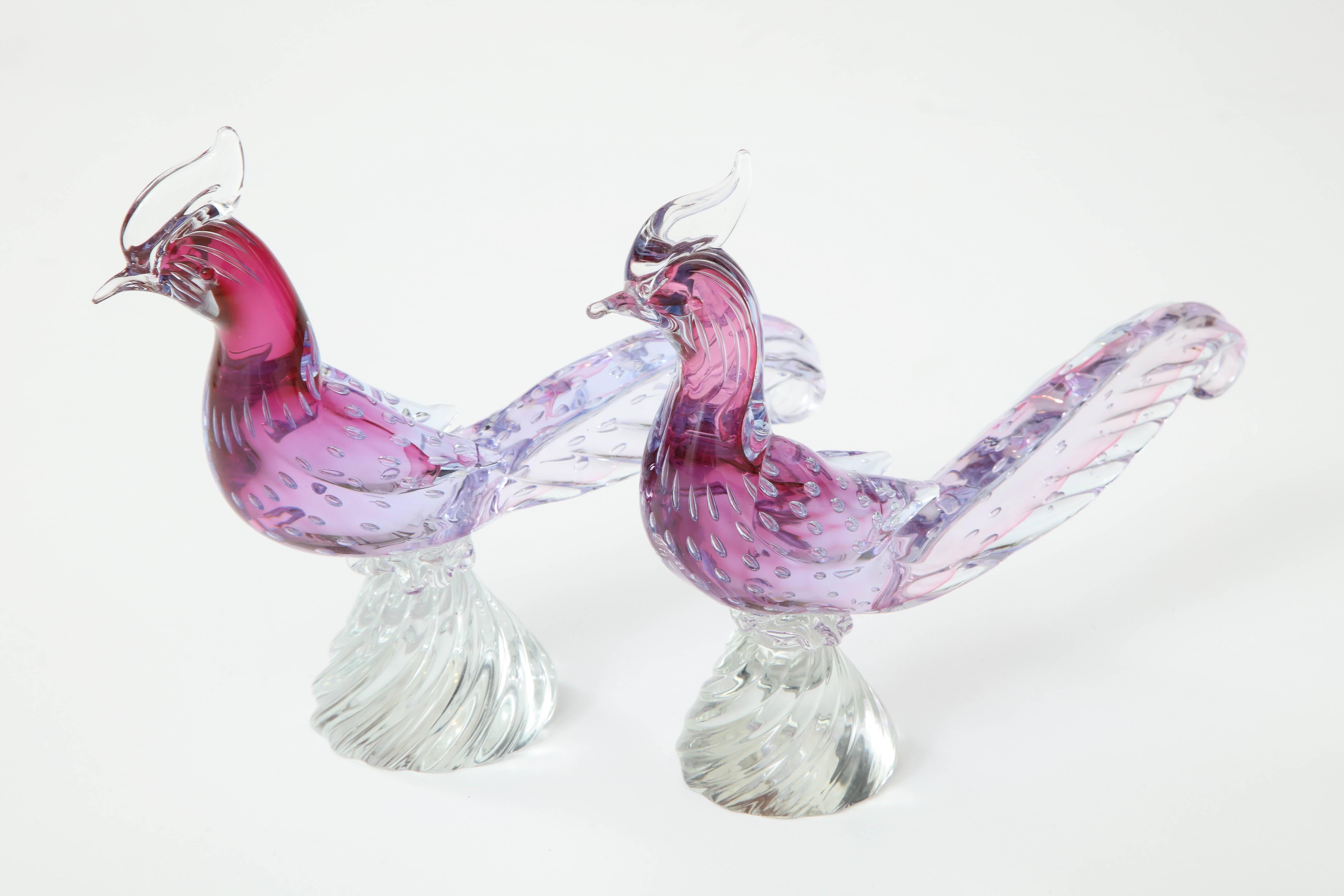 Beautiful pair of Murano glass Pheasants.
Handblown glass in shades of purple, pink and mauve.