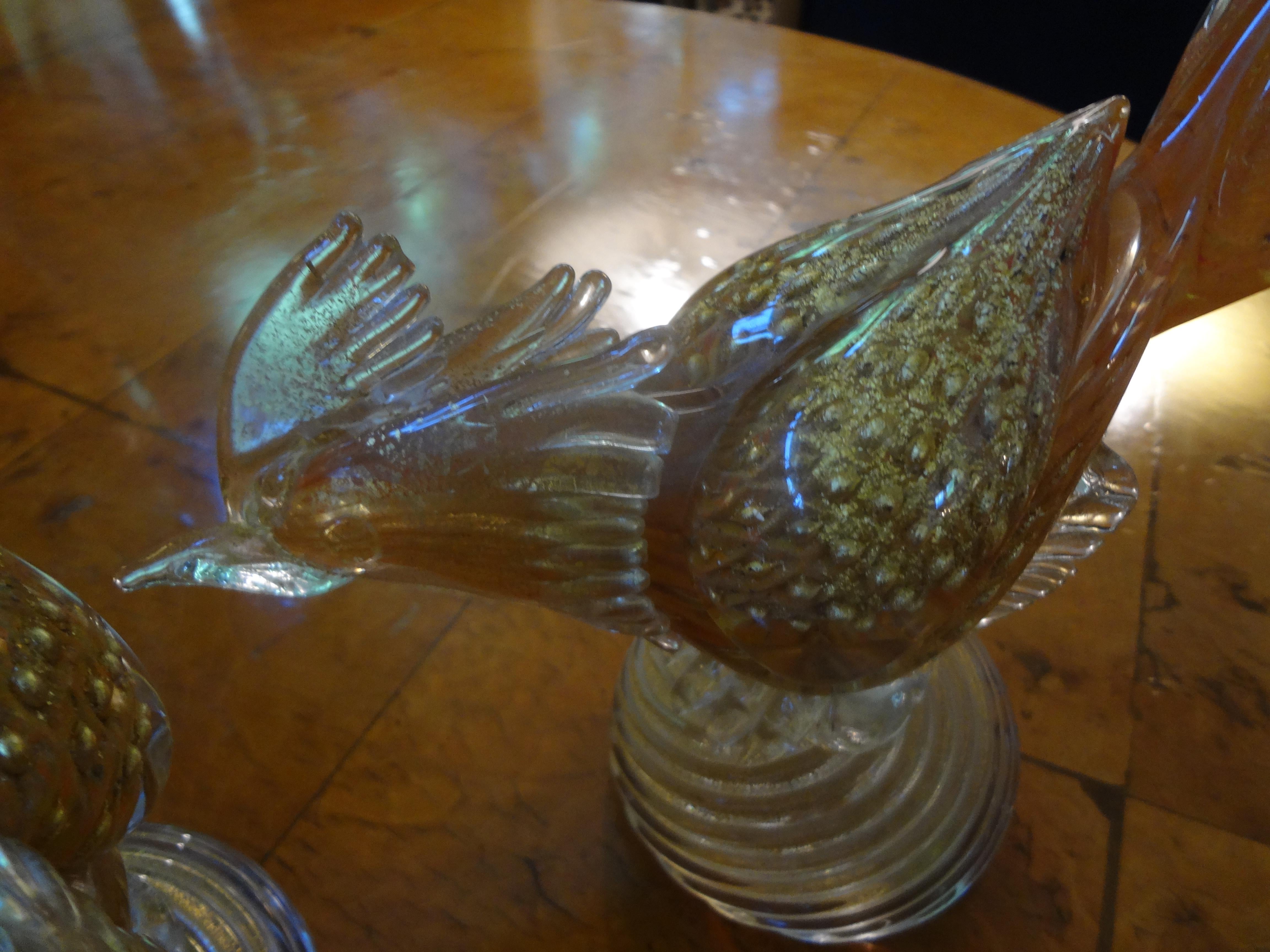 Italian Pair of Murano Glass Pheasants, Salviati Attributed