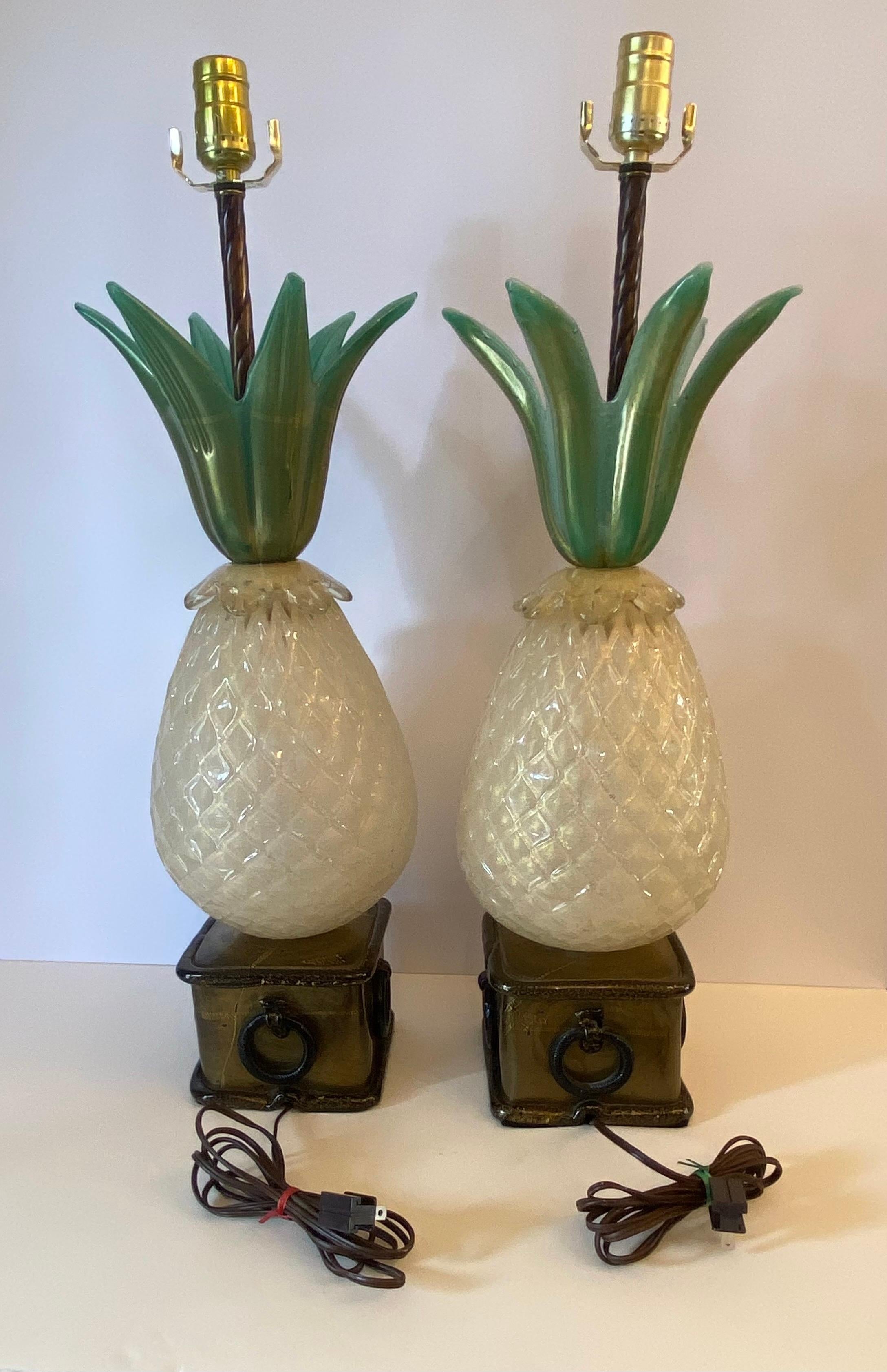 Hand-Crafted Pair of Murano Glass Pineapple Lamps by Barover For Sale