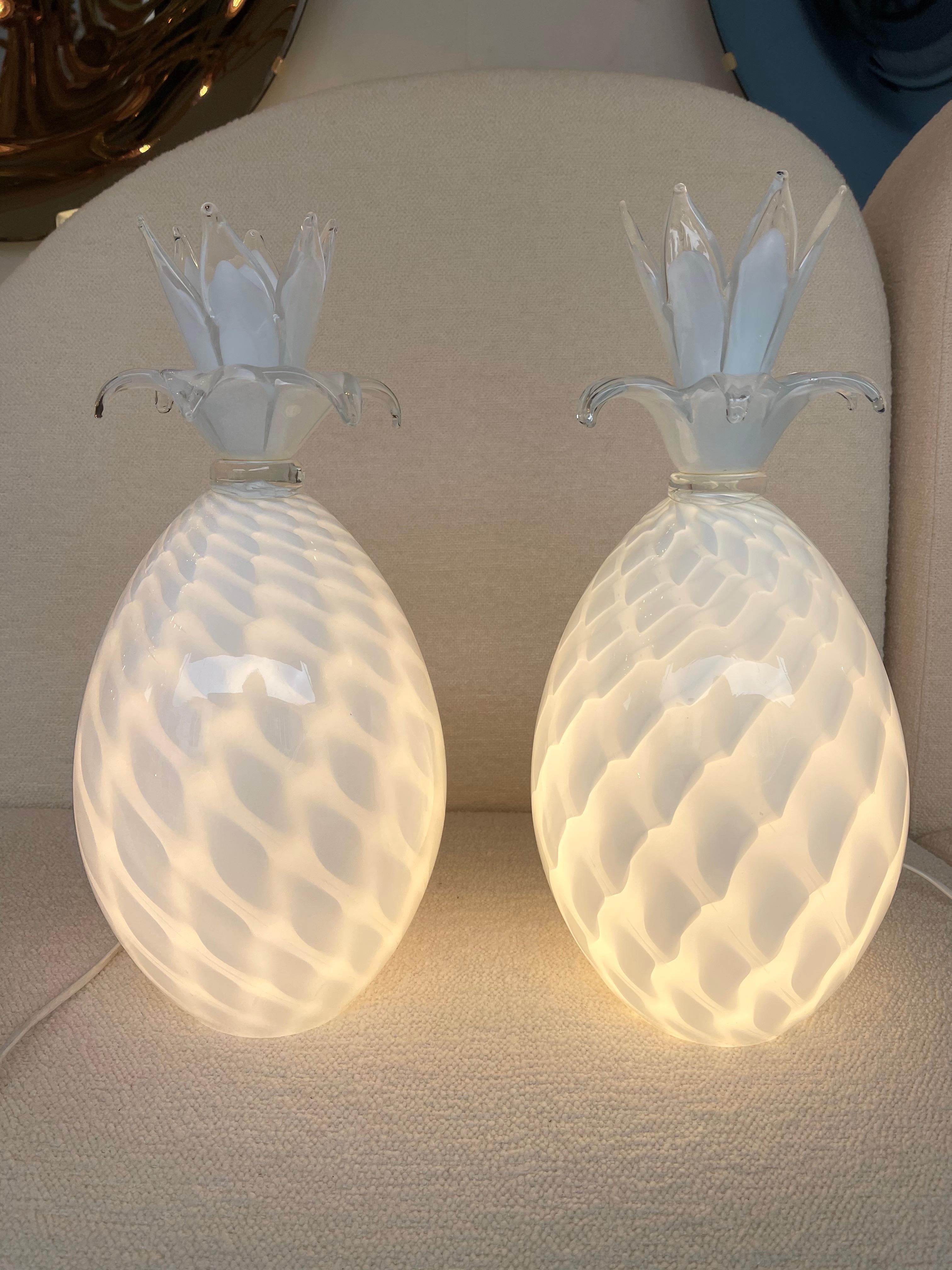 Hollywood Regency Pair of Murano Glass Pineapple Lamps by Isorivolta, Italy, 1970s
