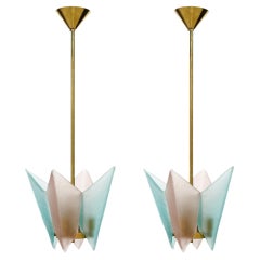 Pair of Murano Glass Pink and Blue Pendants, Hand Blown, Brass