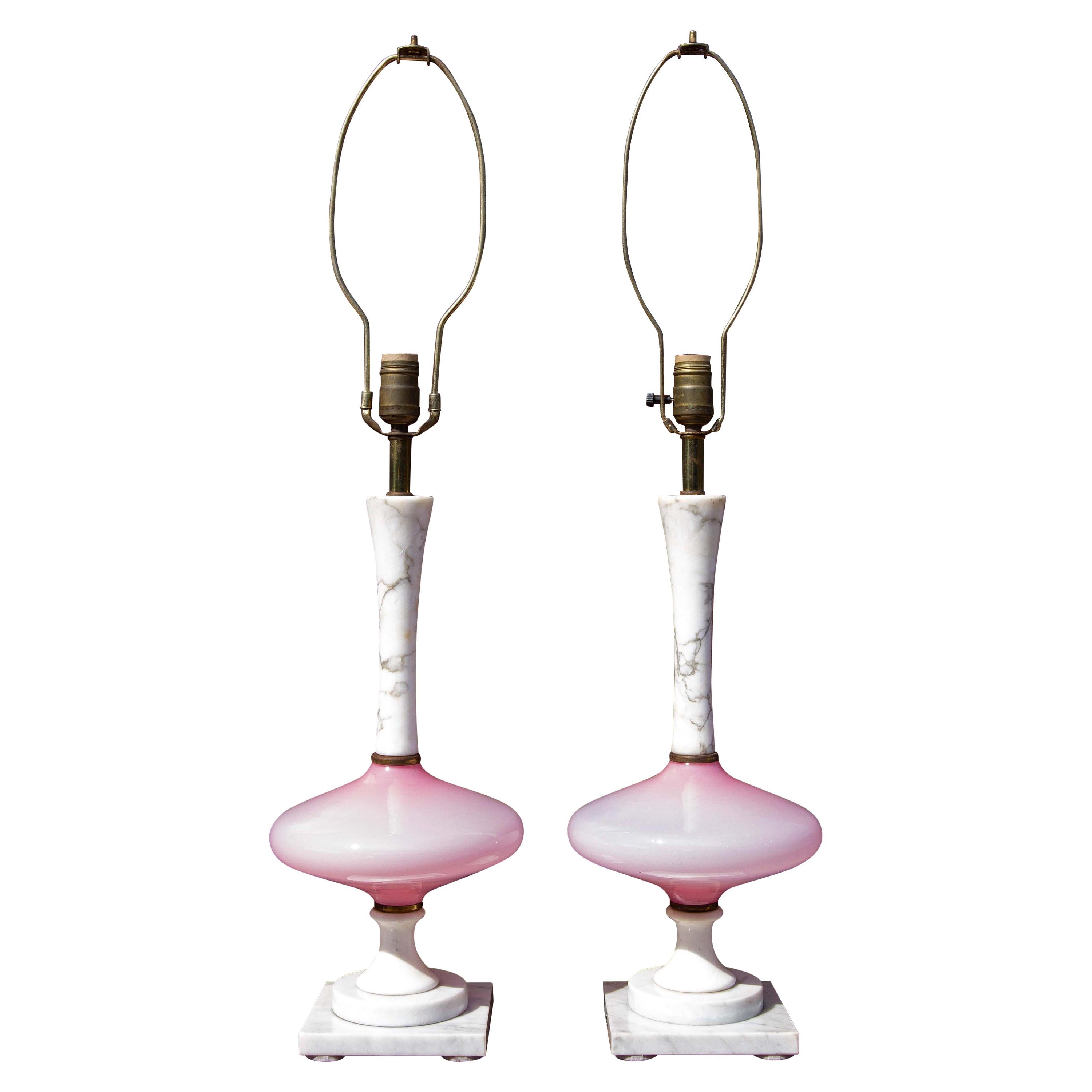 Pair of Murano Glass Pink and White Lamps Vintage Mid-Century Modern