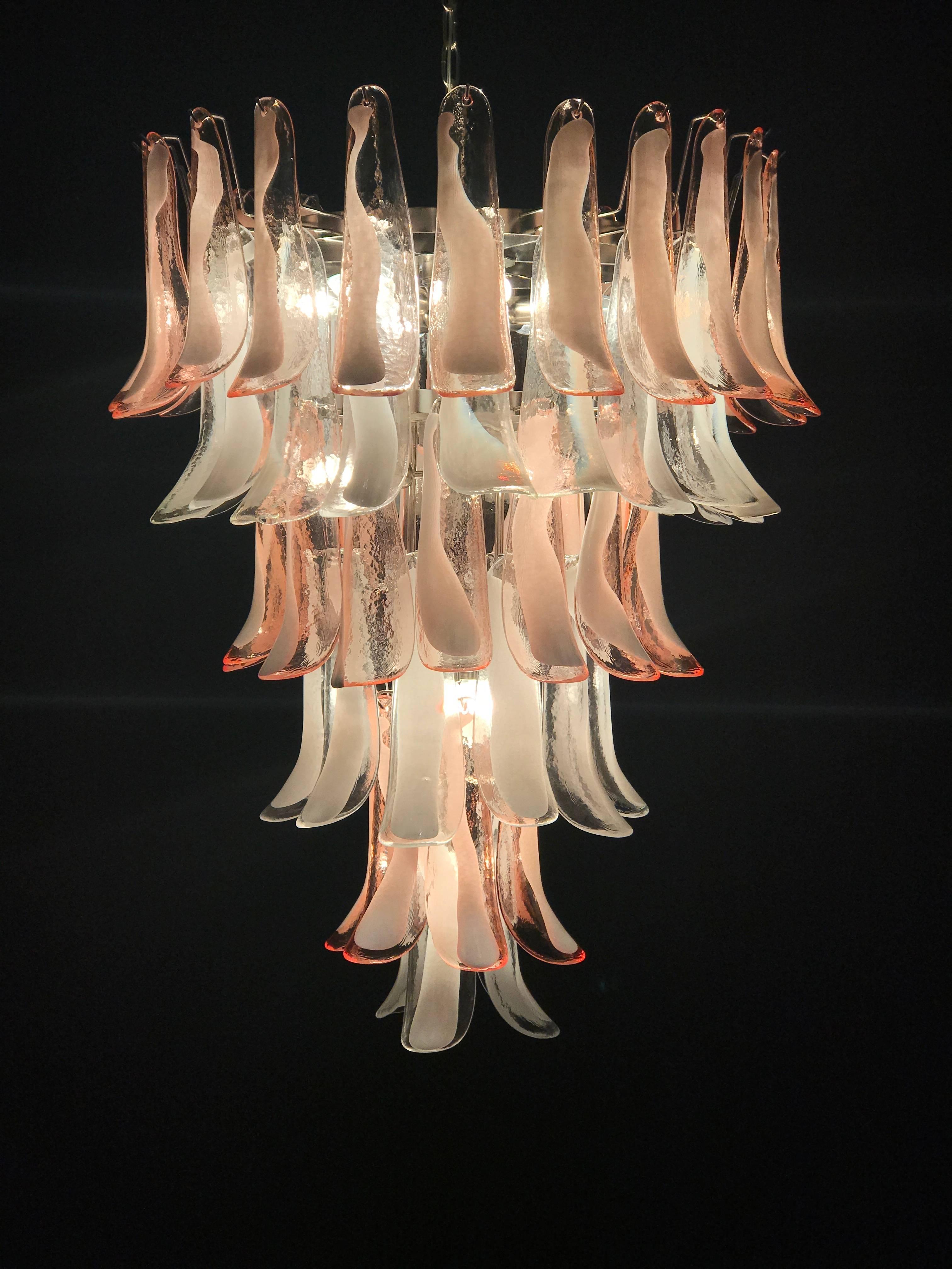 Blown Glass Pair of Murano glass Pink and White Petal Sumptuous Chandeliers, Italy, 1980s