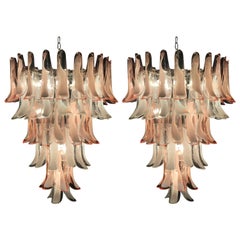 Pair of Murano glass Pink and White Petal Sumptuous Chandeliers Italy 1980s